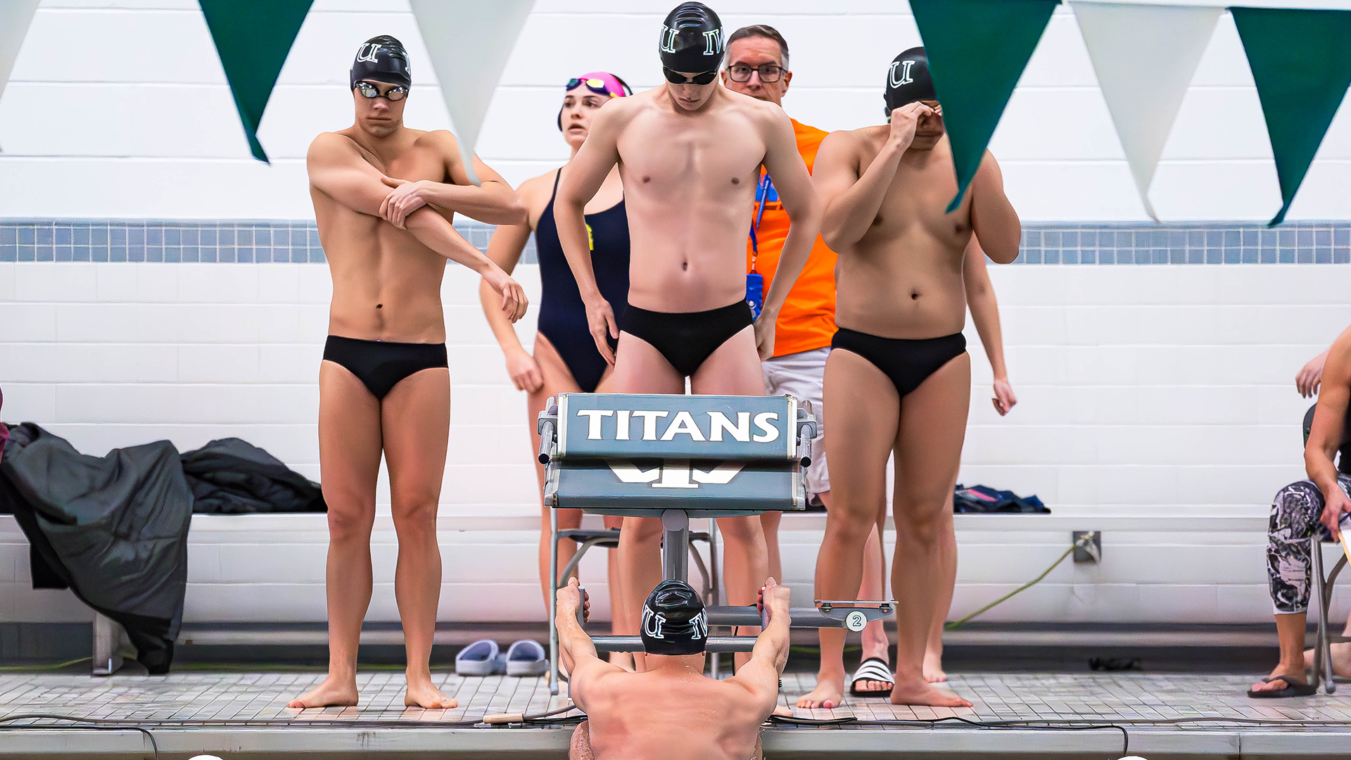 Men's swim relay getting ready at Halloween Invite Oct. 25, 2025