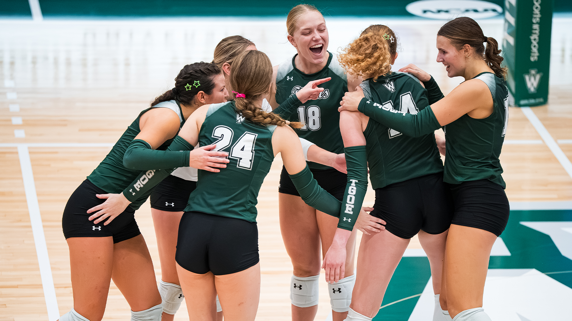 Womens volleyball celebrates a point