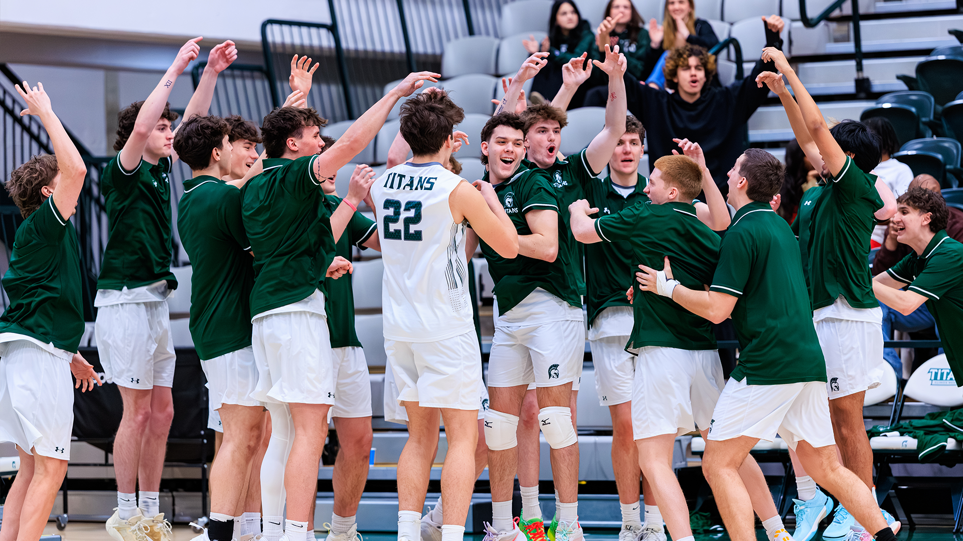 Men's Volleyball celebrating blocks against North Central Feb. 28, 2026