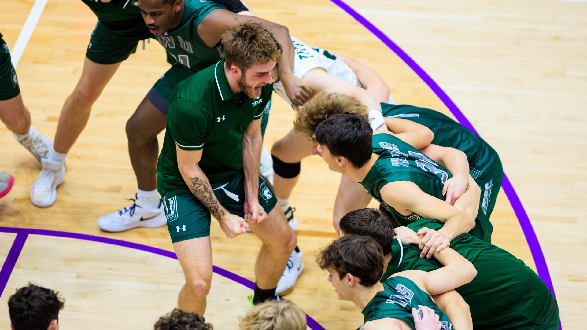 DUBUQUE, IA - NCAA Men's Volleyball - Illinois Wesleyan at #11 Loras at Lillis Athletic & Wellness Center on March 04, 2026. Illinois Wesleyan earned their second top-20 win of the season, defeating No. 12 Loras (30-28, 17-25, 21-25, 25-19, 15-11). Ethan Kuziela hit .600 with 23 kills to lead the Titans. (Photo by Jimmy Naprstek/Kodiak Creative)