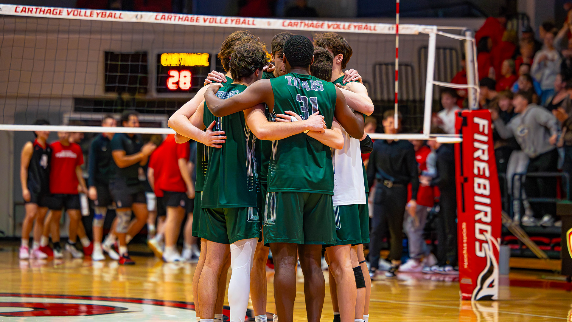 Men's Volleyball huddle at Carthage April 11, 2026