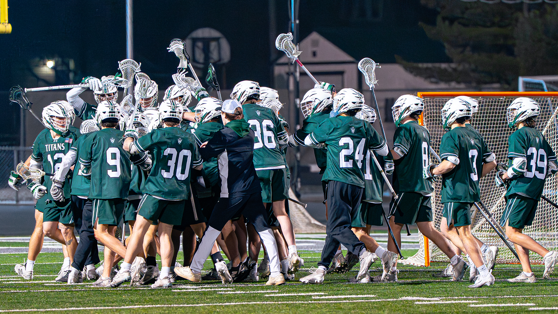 Men's lacrosse celebrating the win over Colorado College Feb. 13, 2026