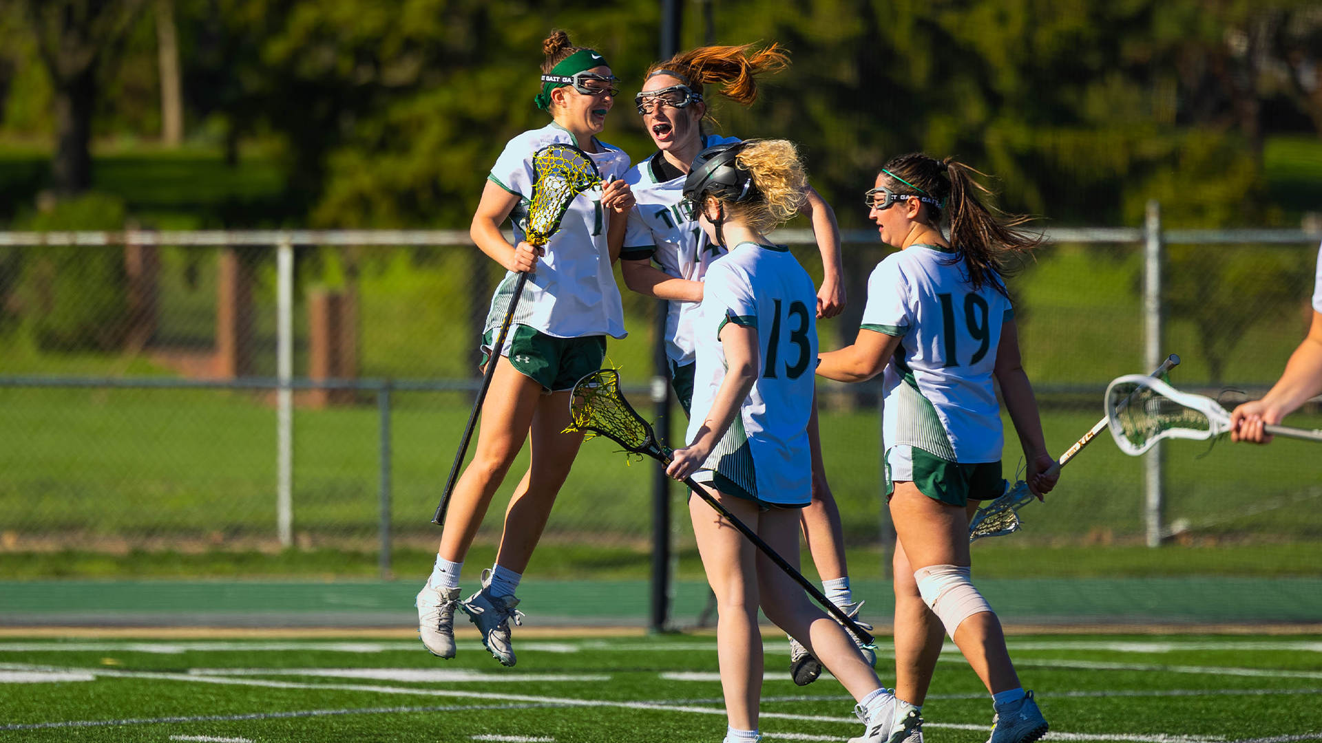 Sadie Newton and Sarah Riepe celebrating a goal together April 18, 2026