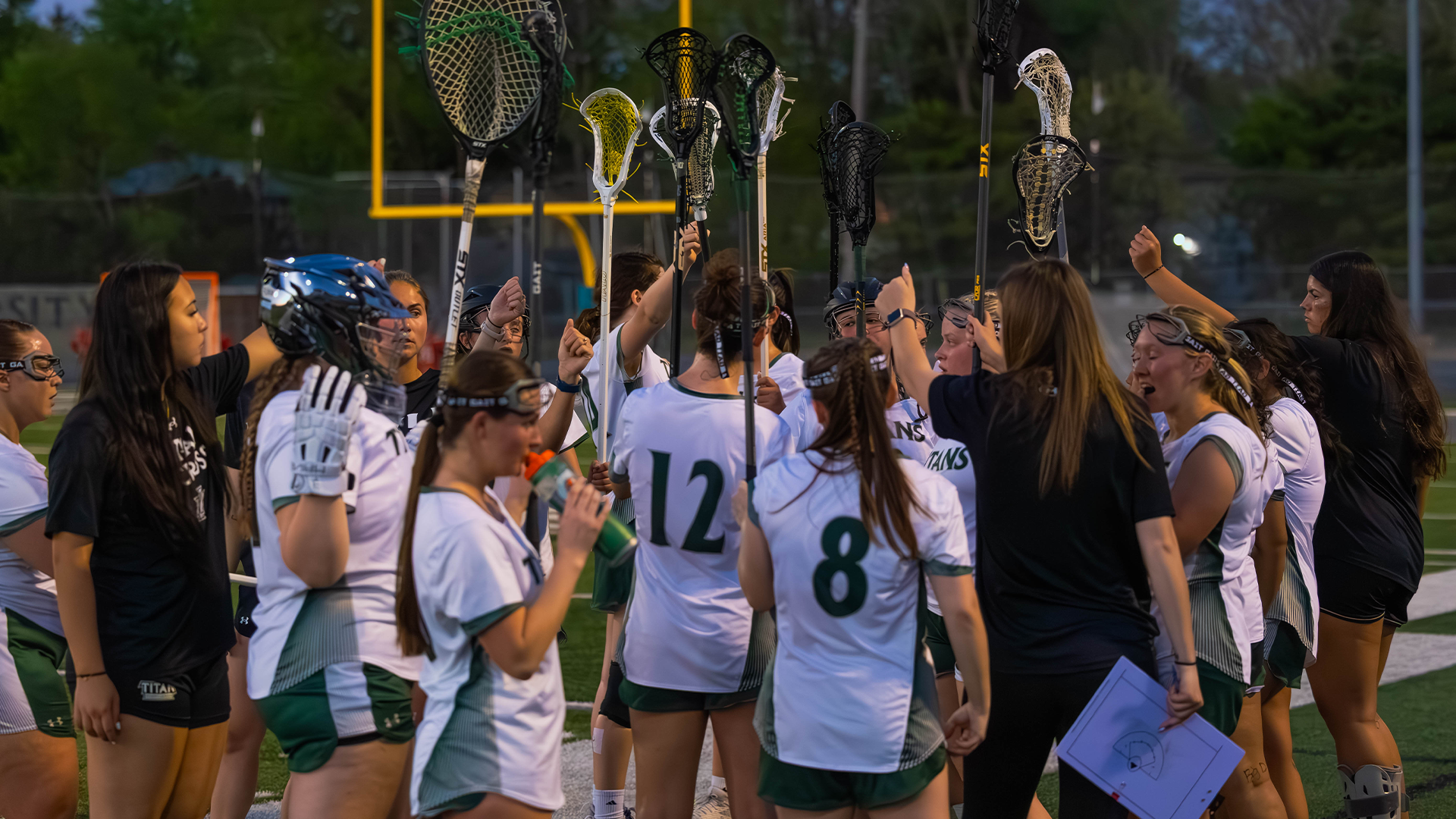 Women's Lacrosse huddle against Augustana April 22, 2026