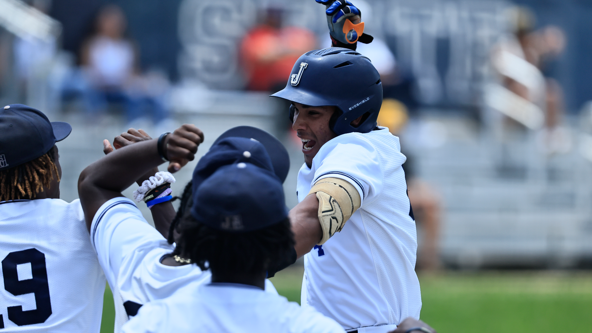 Diego Melendez celebrates home run against Arkansas-Pine Bluff