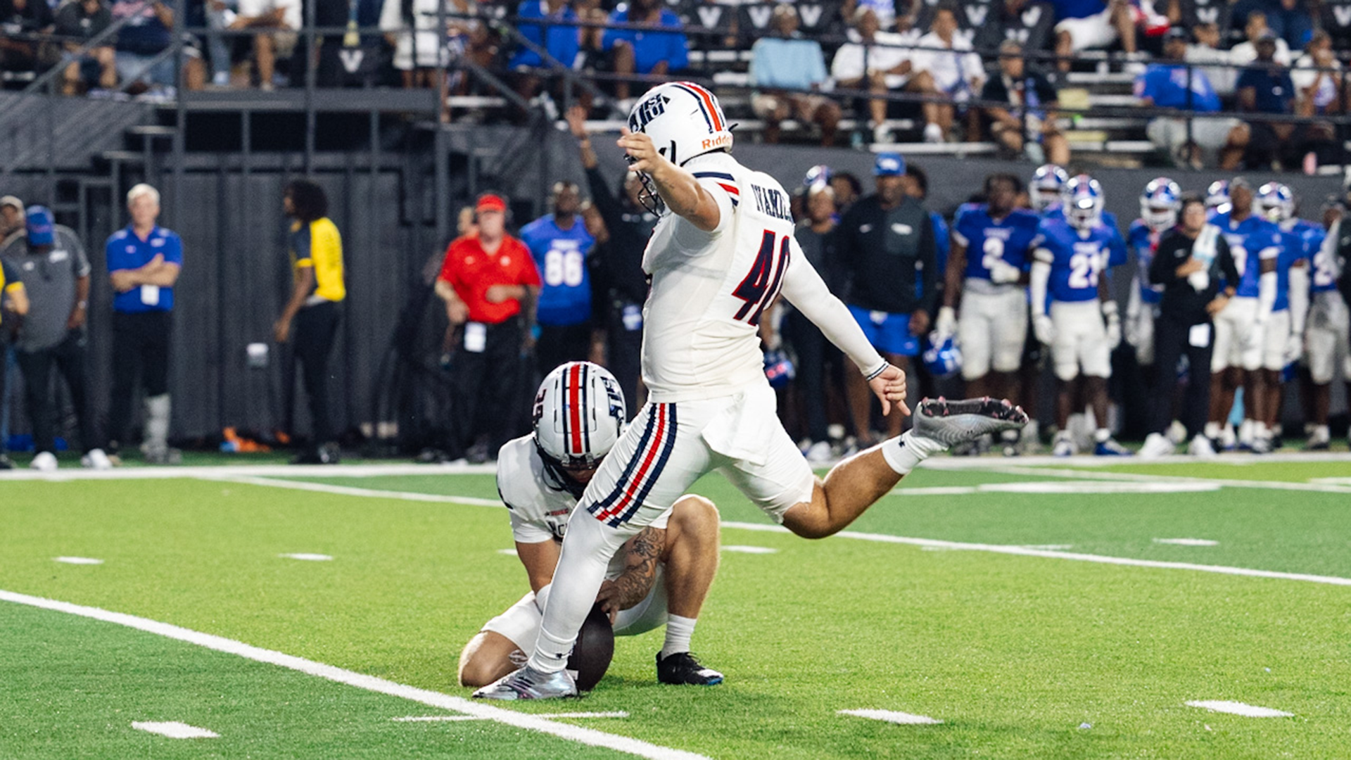 Andrew Ivaniciuc kicks a field goal against Tennessee State