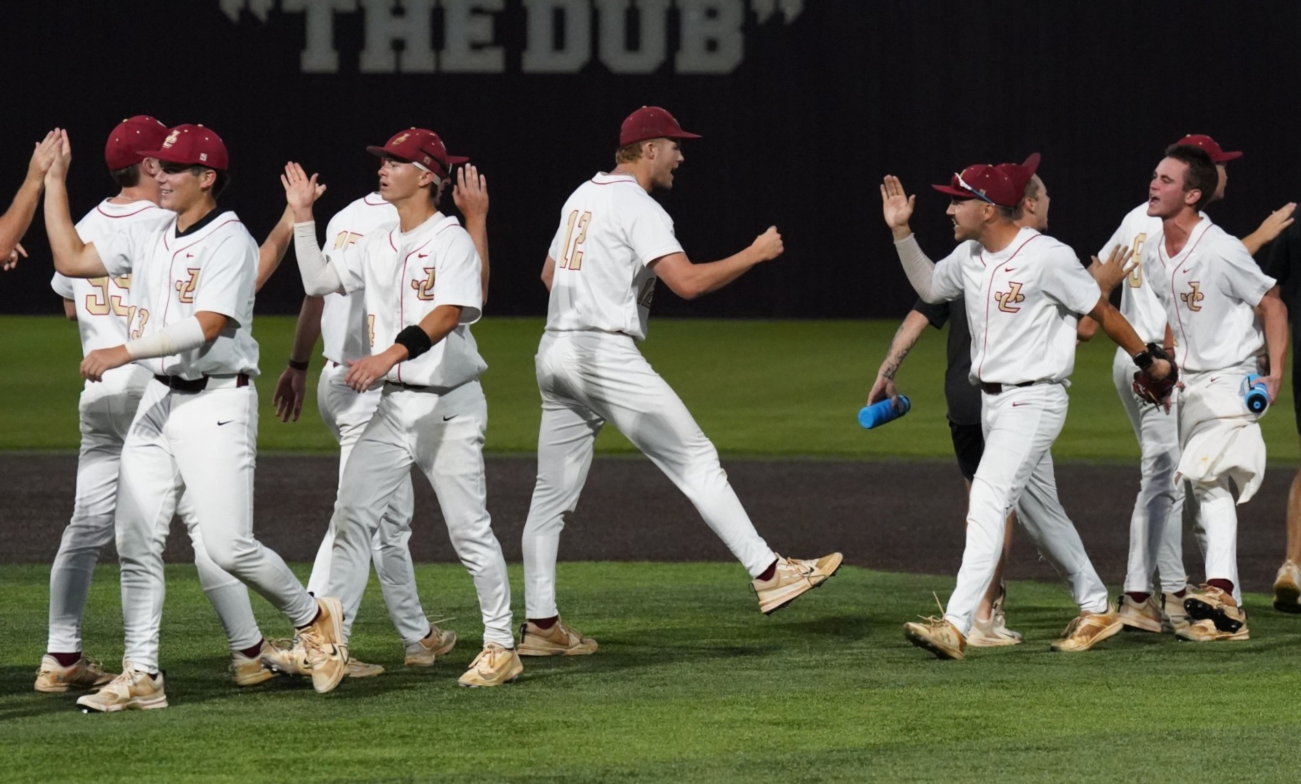 baseball high fives after defeating Pearl River in regional