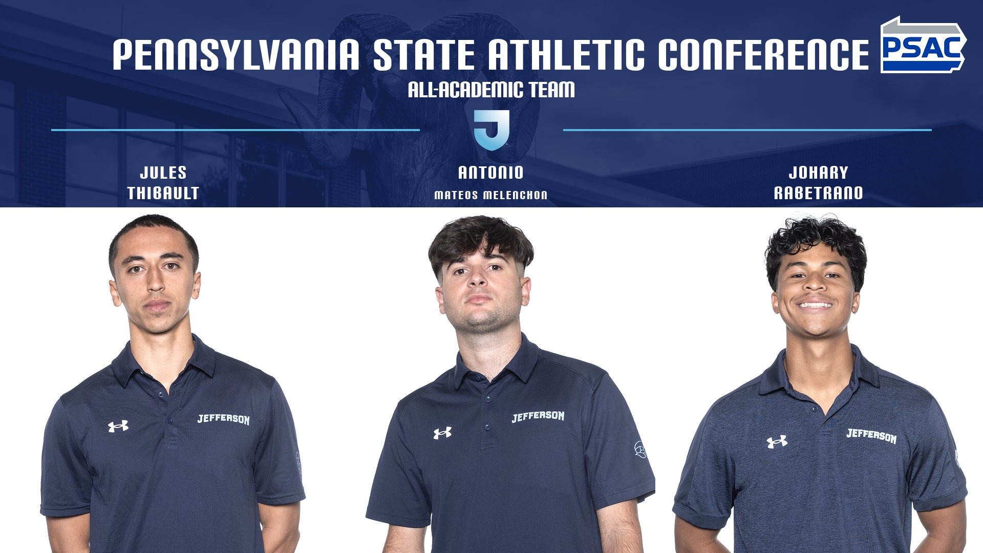 PSAC All-Academic Team Graphic with Headshots of three Men's Tennis Athletes with All-Academic Team above their head