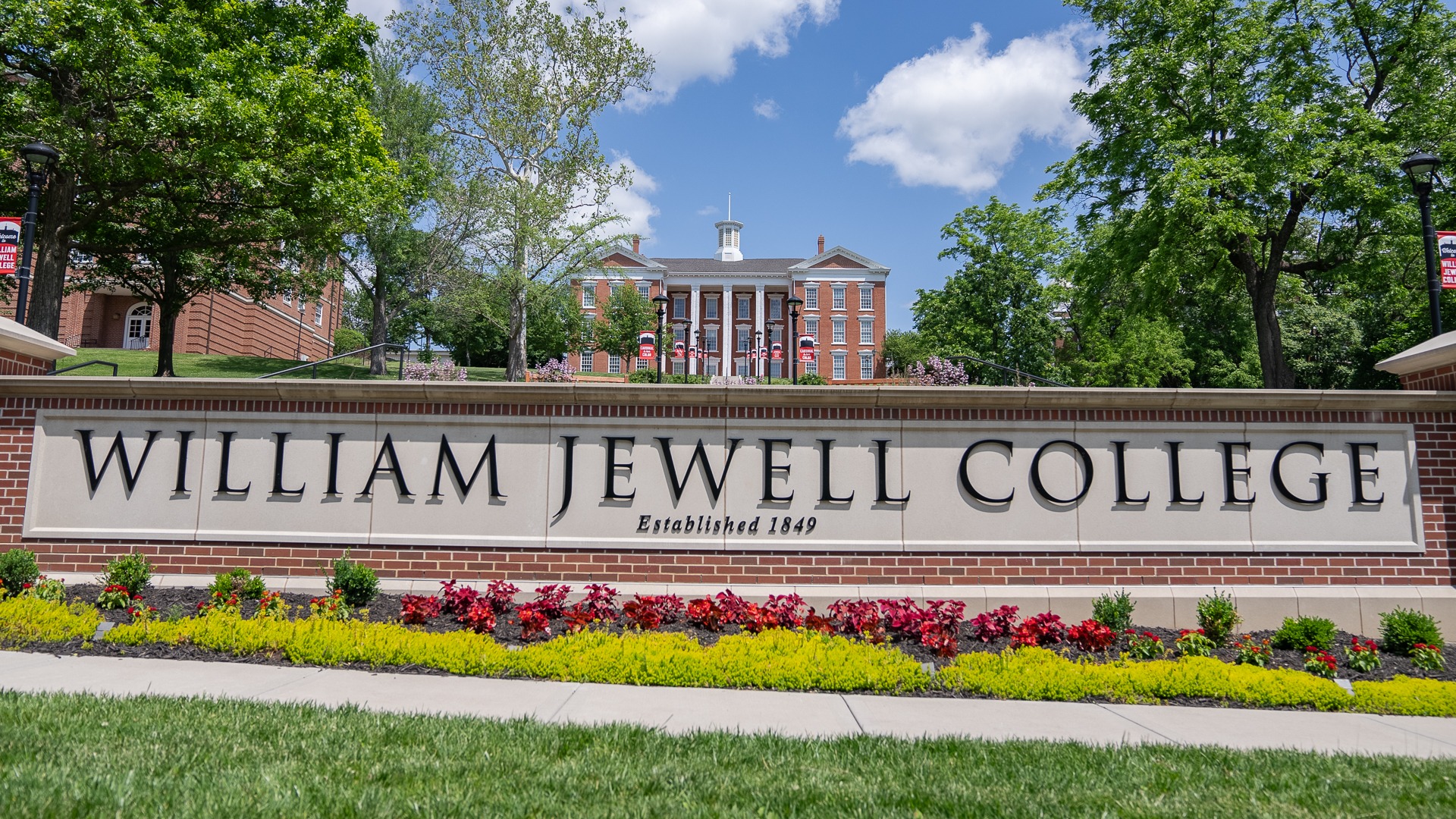 William Jewell College sign below staircase of Jewell Hall 
