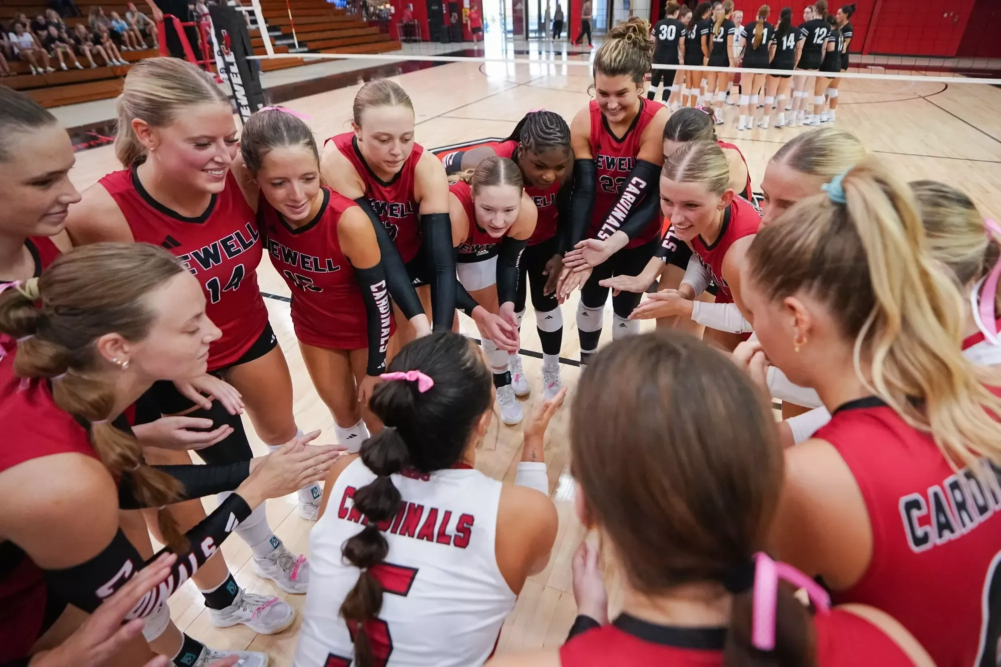 Jewell Cardinals women’s volleyball players gather in a circle on the court during a team huddle, with players reaching toward the center. The team wears red uniforms with pink ribbons, while opposing players stand near the net in the background