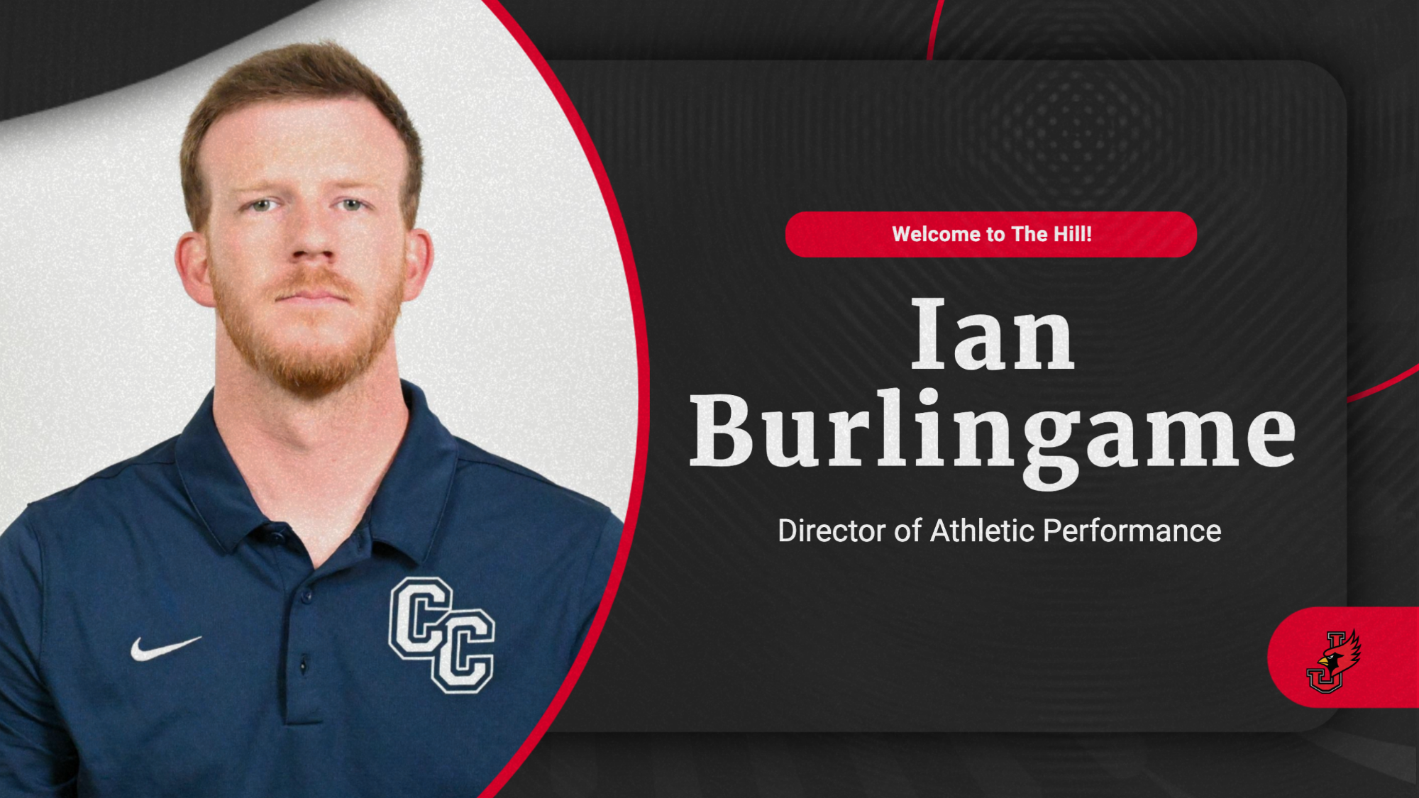 Graphic welcoming Ian Burlingame to Jewell with headshot 