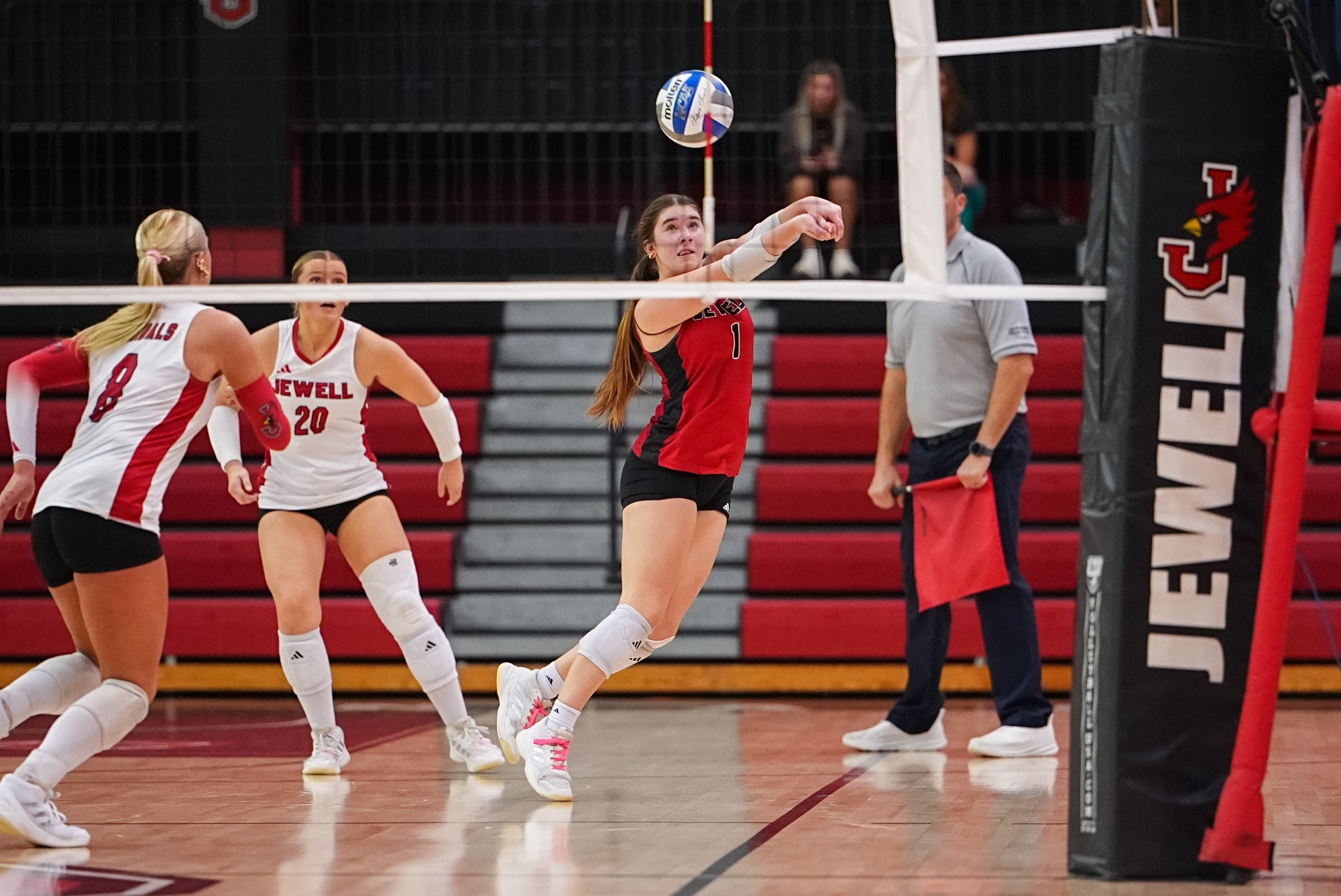 Ashlynn Rowland passes a volleyball with arms extended to her left with teammates standing near. The net is slightly blurred and visible in the foreground