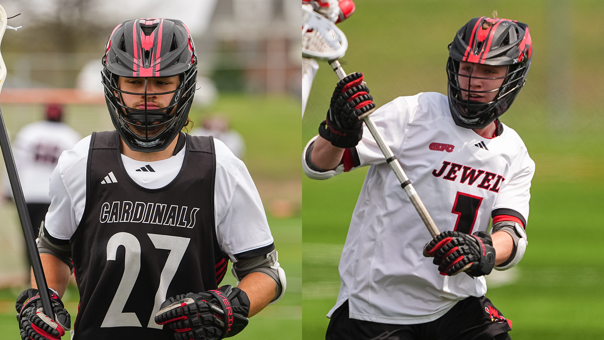 Two images of men's lacrosse players, one in black uniform, one in white 