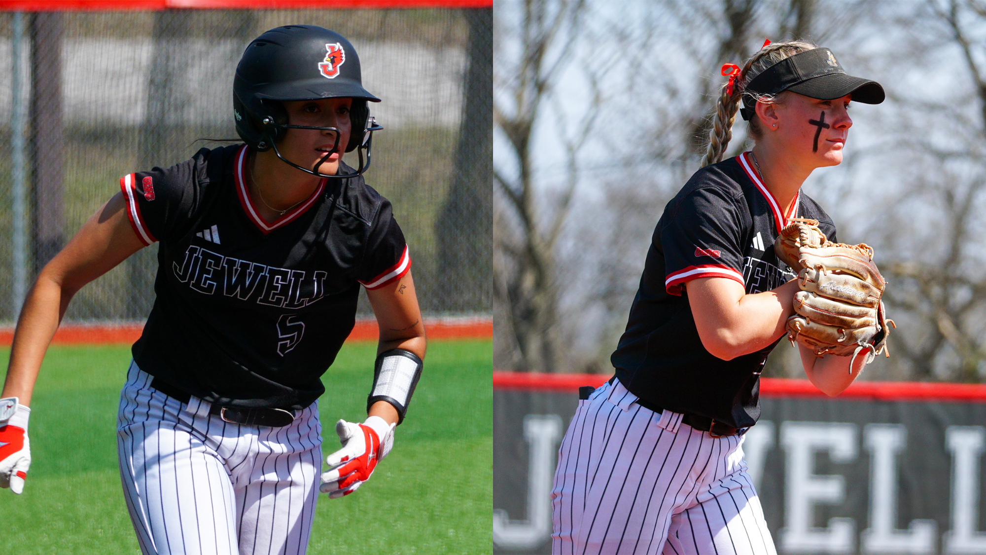 Two softball players in black uniforms, one with a helmet on
