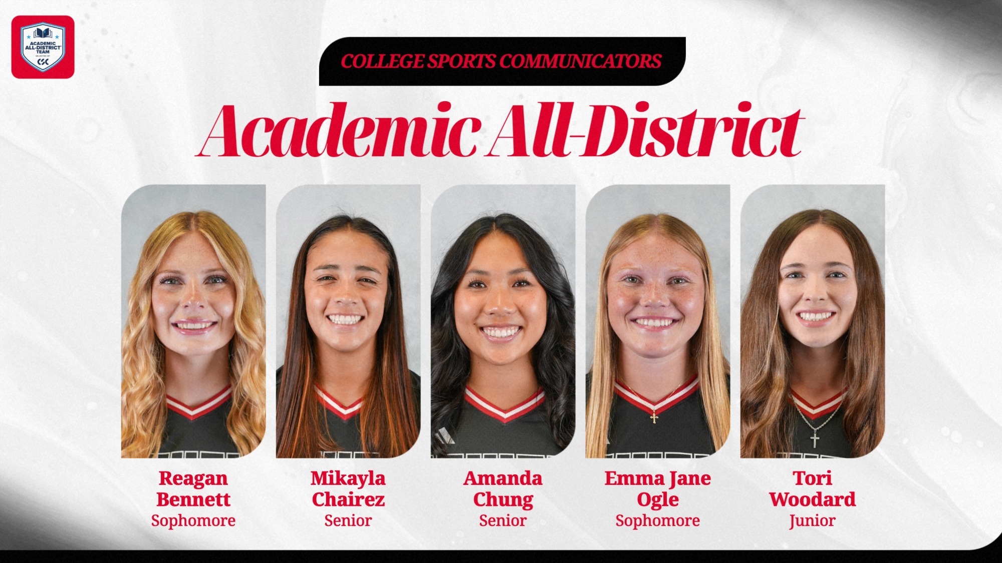 Graphic announcing College Sports Communicators Academic All-District honors featuring five student-athletes in black and red uniforms. From left to right: Reagan Bennett (Sophomore), Mikayla Chairez (Senior), Amanda Chung (Senior), Emma Jane Ogle (Sophomore), and Tori Woodard (Junior).