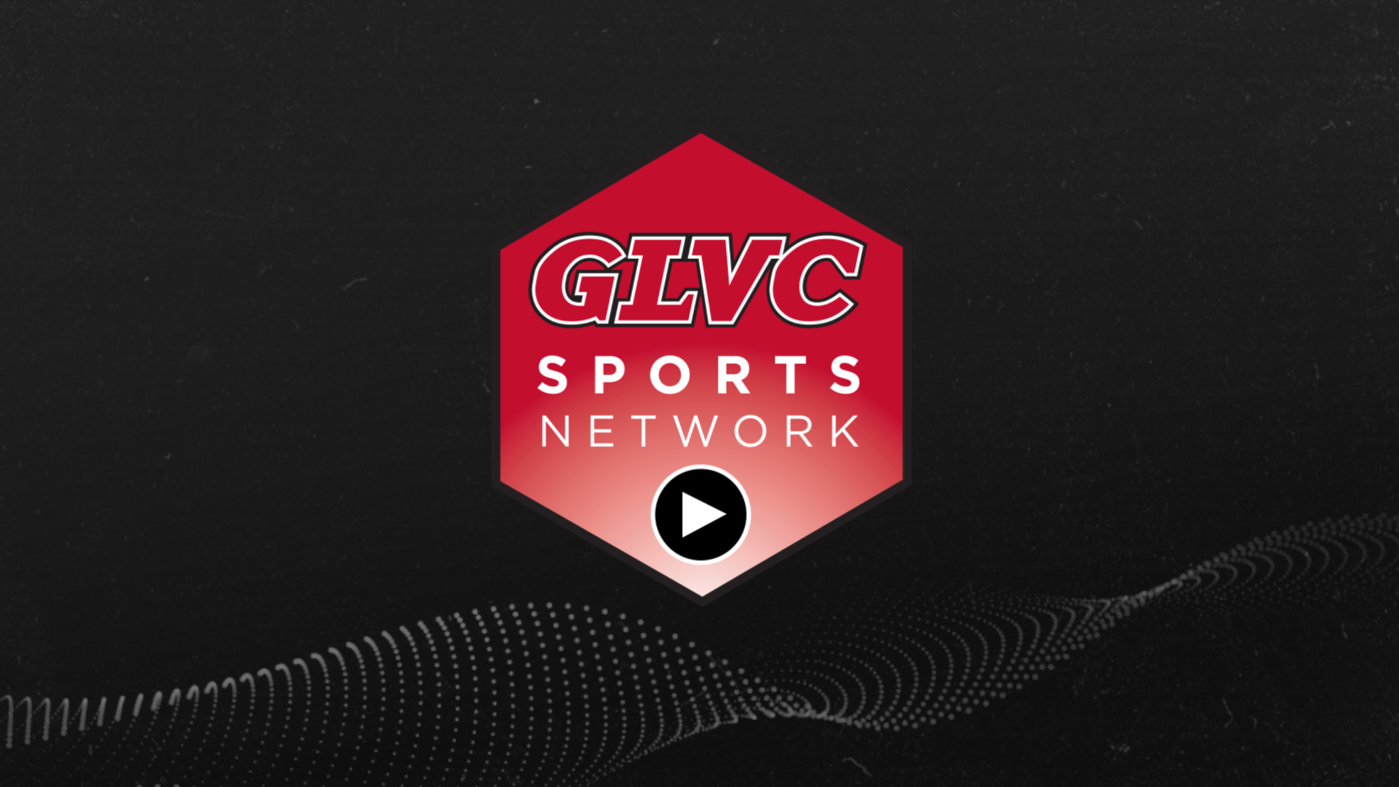 Graphic featuring the GLVC Sports Network logo centered on a black textured background, with a play button beneath the logo and a subtle dotted wave pattern along the bottom.