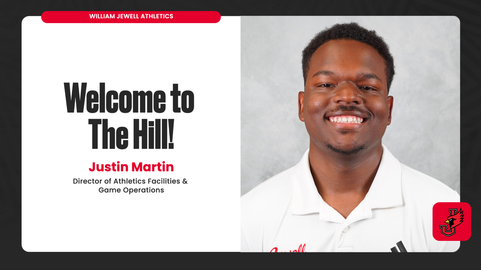 Graphic welcoming Justin Martin as the new Director of Athletics Facilities & Game Operations, featuring his headshot and the William Jewell logo