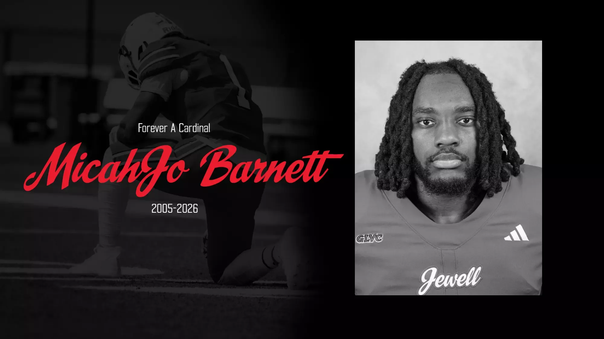 Graphic with black and white headshot of MicahJo Barnett and black background with his name written in a red script font with 2005-2026 written
