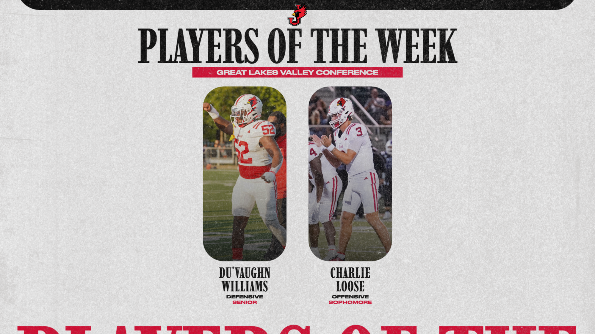Graphic showing GLVC Players of the Weeks, including photos and names of Du'Vaughn Williams on the left and Charlie Loose on the right on a white background