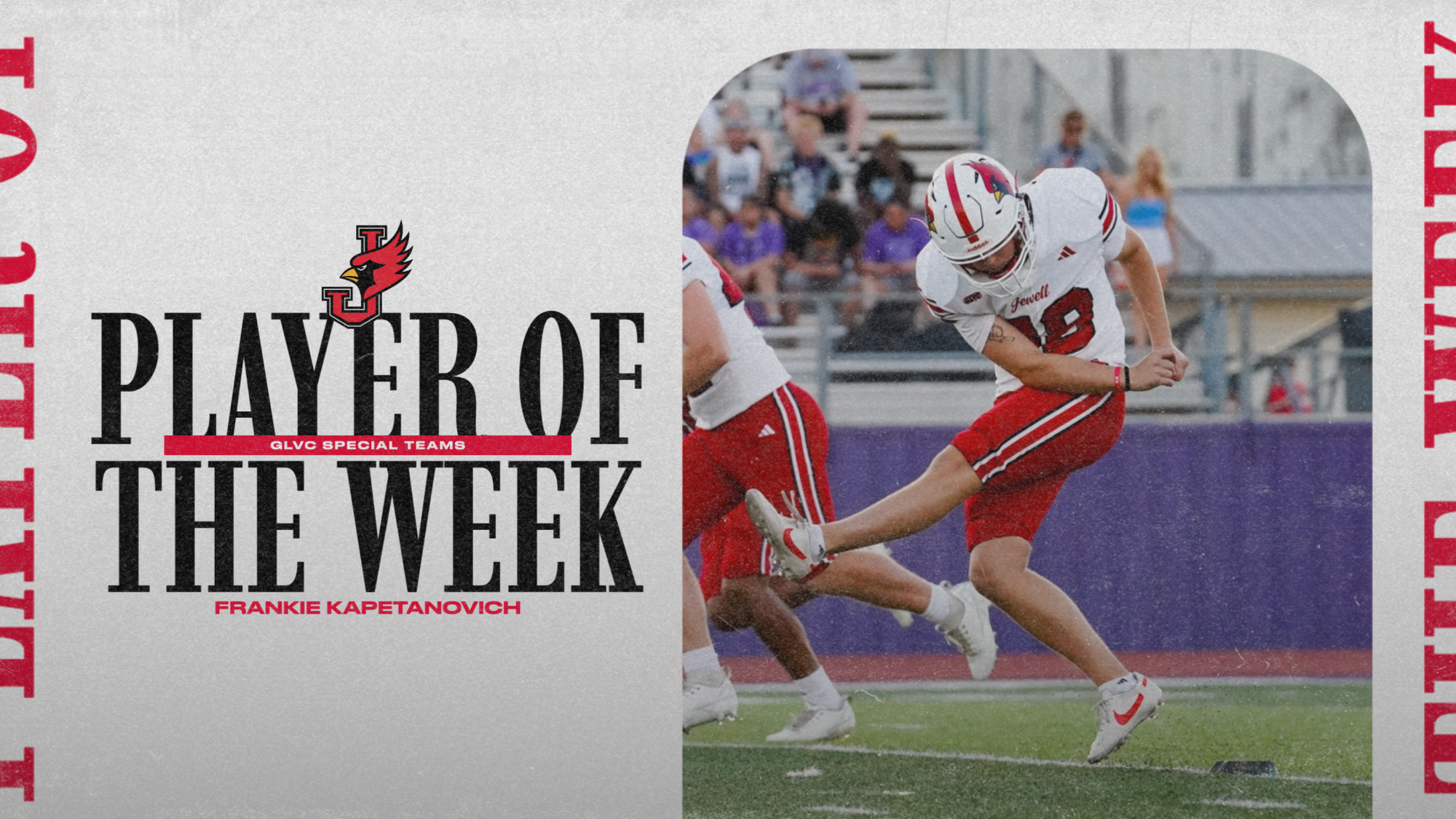 Graphic showing a photo of Frankie Kapetanovich with his name and GLVC Player of the Week written in red 