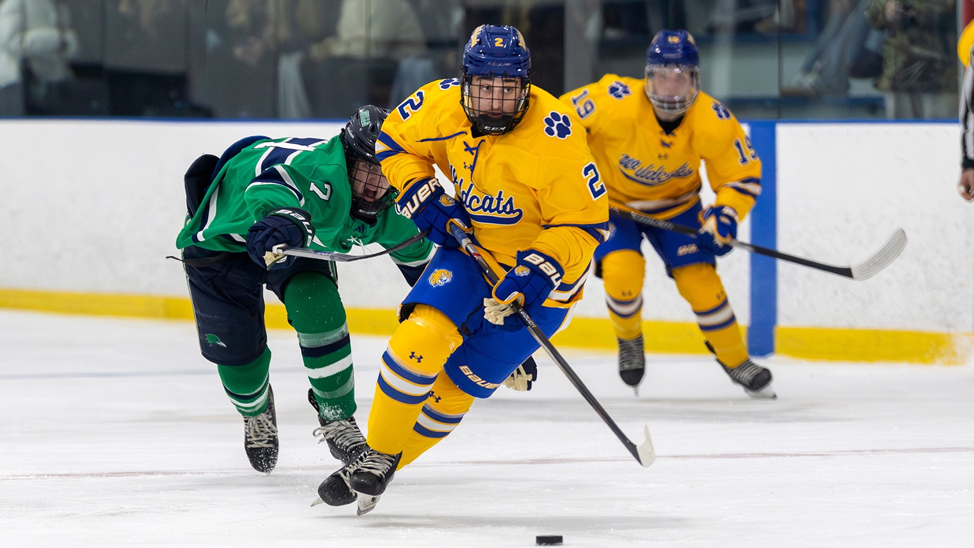 PROVIDENCE, R.I. — Nov. 7, 2025 — Joseph Sciabarra of Johnson & Wales University competes during a Conference of New England game against Endicott College at Dennis M. Lynch Arena in Pawtucket, R.I., on Friday. The game was suspended due to a scoreboard malfunction and will be completed at a later date.(Christopher Massa/Johnson & Wales University)