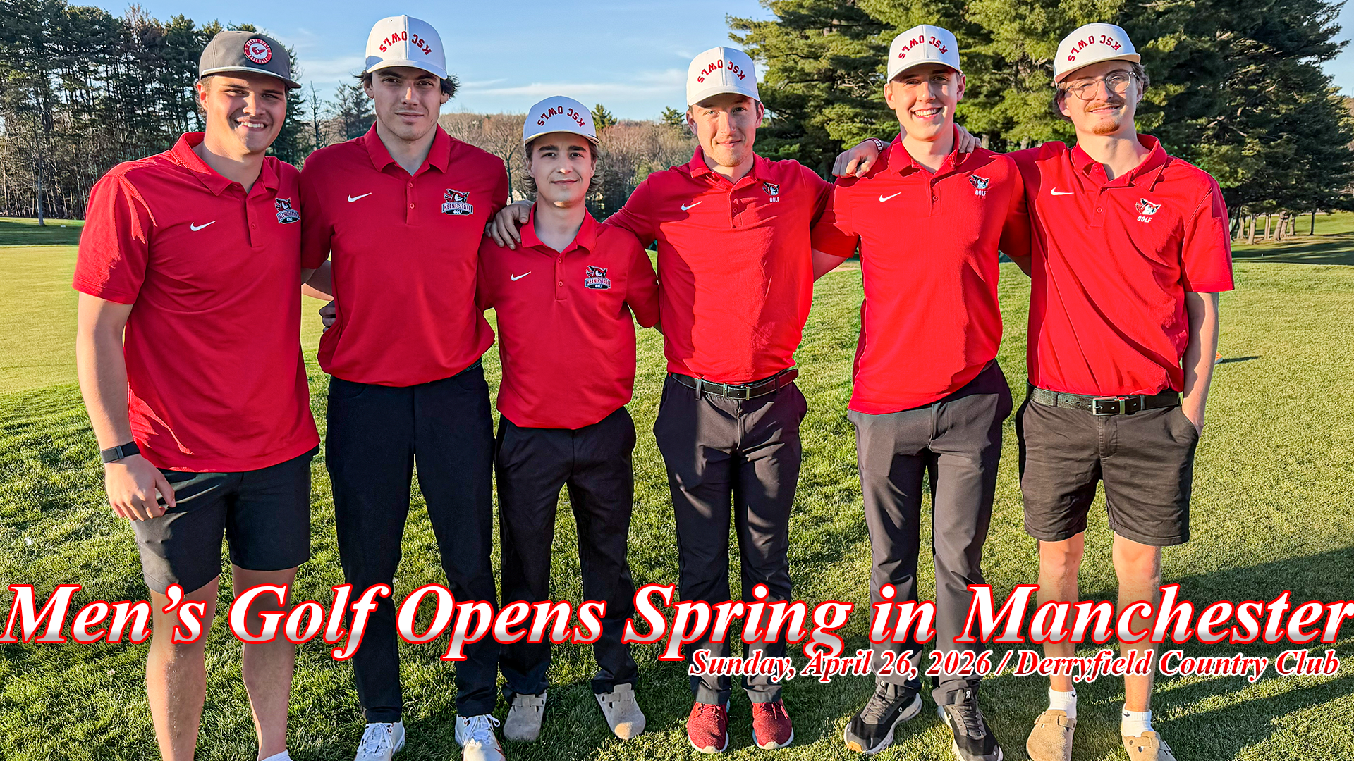 Keene State's group of five golfers poses together at the course for a picture