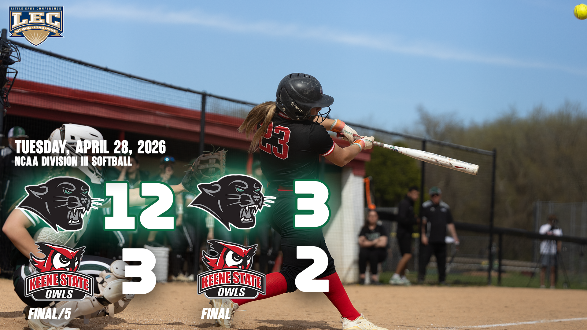 Keene State softball player Gianna Garofola watches the ball after taking a swing