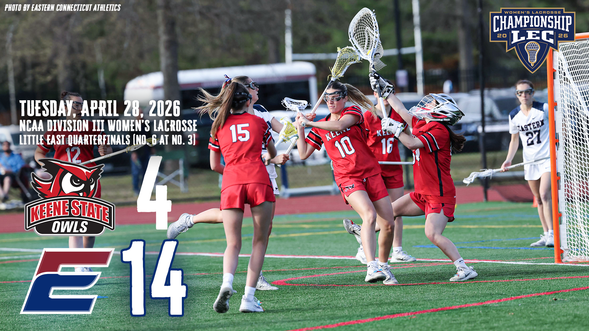 Keene State women's lacrosse goalie Katelyn Nicotera makes a save among traffic in front of the net