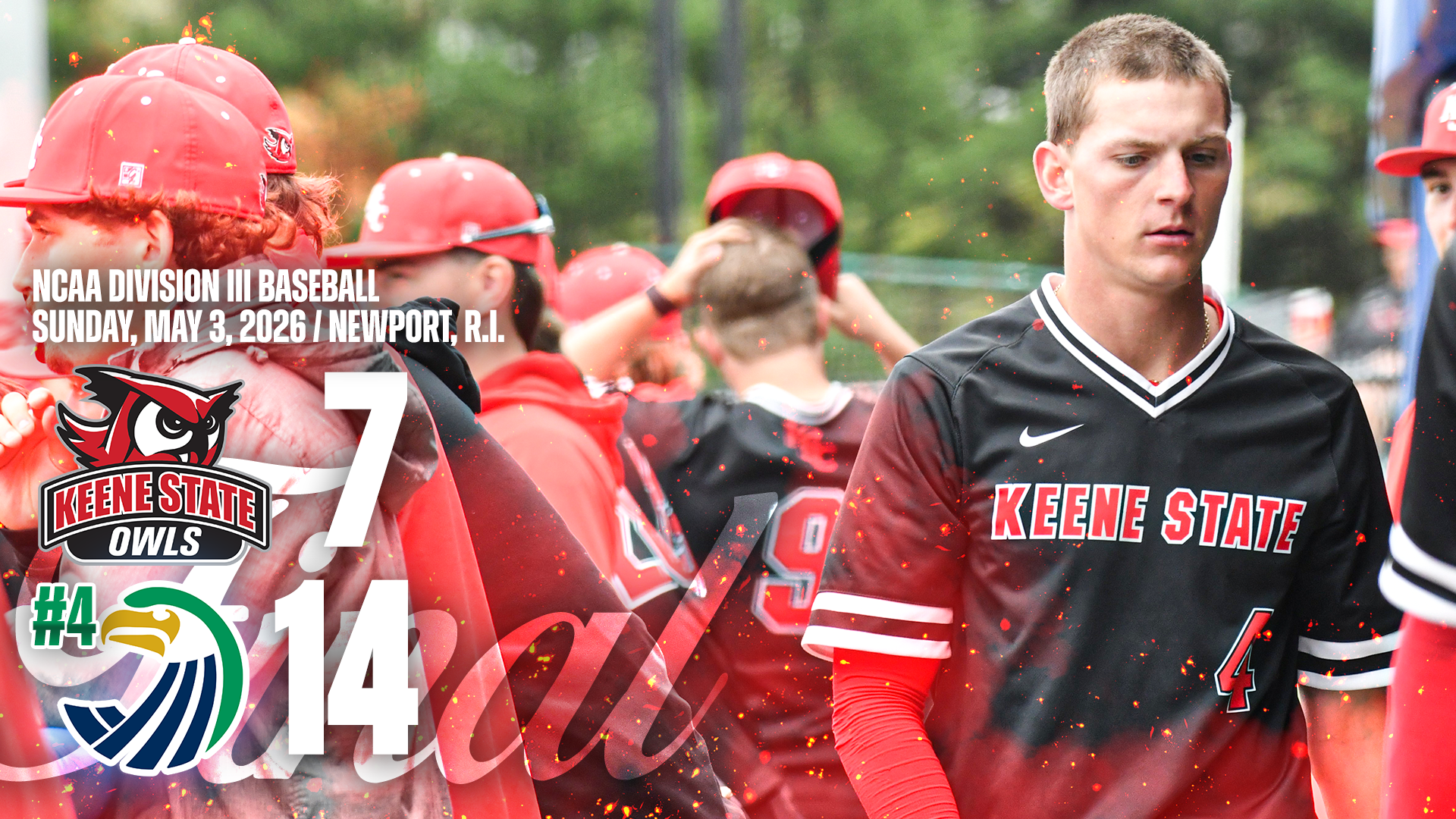 Keene State baseball players grouped in dugout; Derek Finlay in foreground