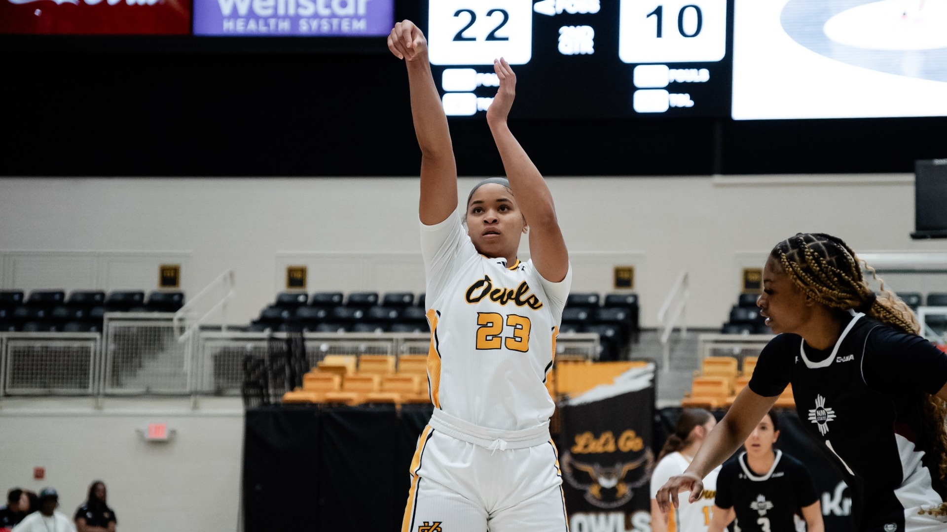 Kennesaw State women's basketball forward TaTianna Stovall attempts a free throw in the Owls' 70-55 win over New Mexico State at VyStar Arena on January 24, 2026.