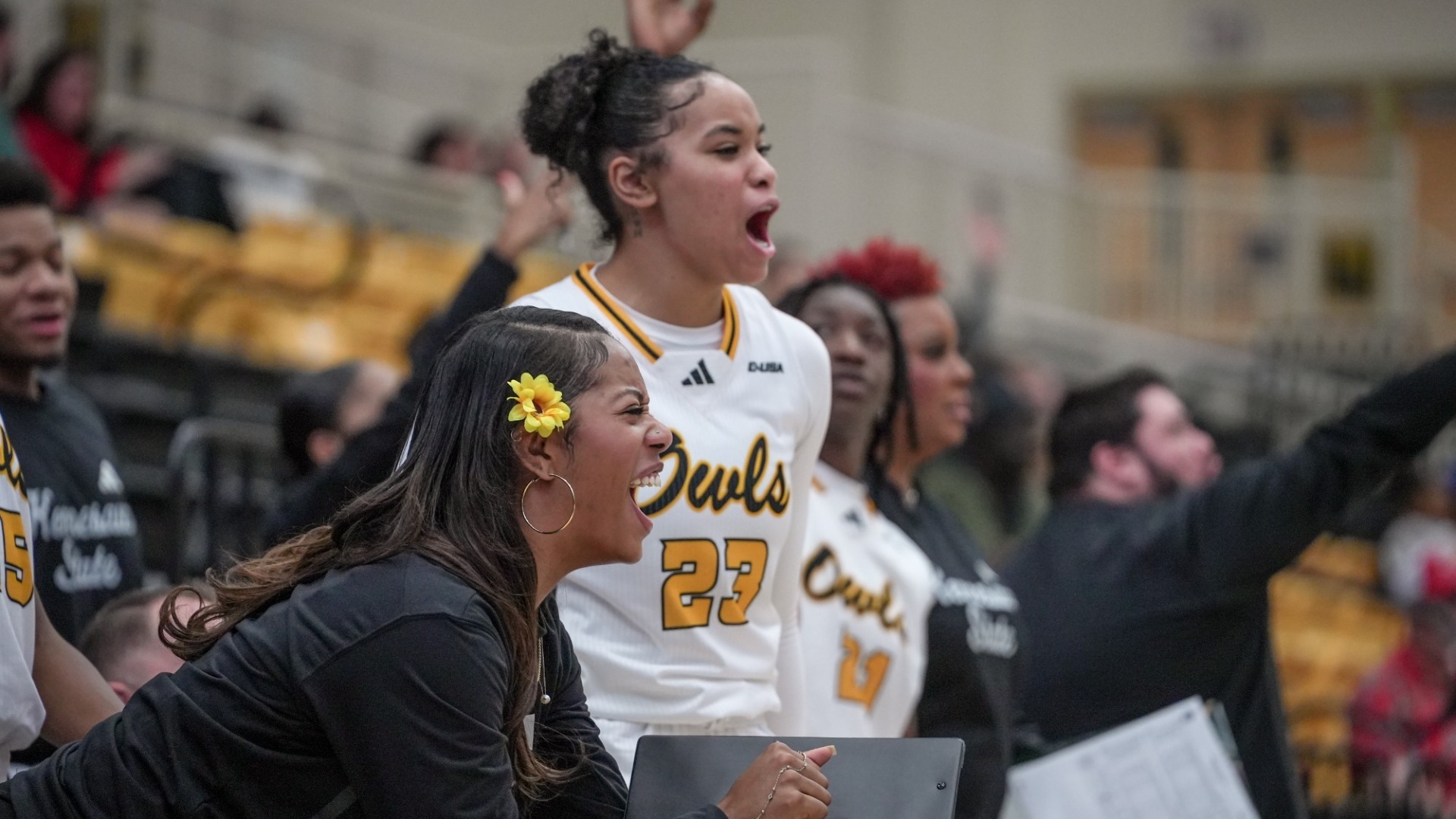 Kennesaw State women's basketball's Erykah Davenport and TaTianna Stovall celebrate a 3-pointer in the Owls 78-64 win over WKU on Jan. 4, 2026 at Vystar Arena.