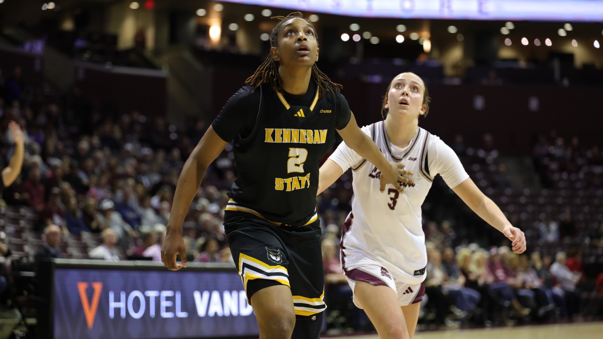 Kennesaw State women's basketball's Trynce Taylor fights for a rebound in a 67-61 loss to Missouri State at Great Southern Bank Arena in Springfield, Missouri on January 8, 2026.