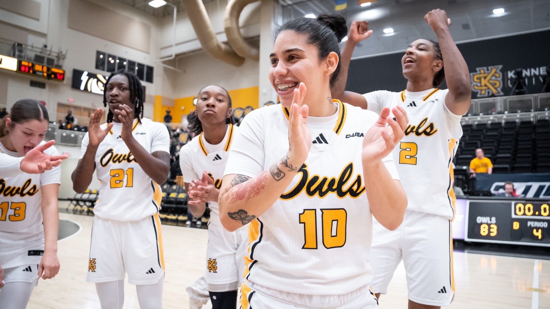 Kennesaw State women's basketball player Gabriela Bendeck-Giron celebrates.