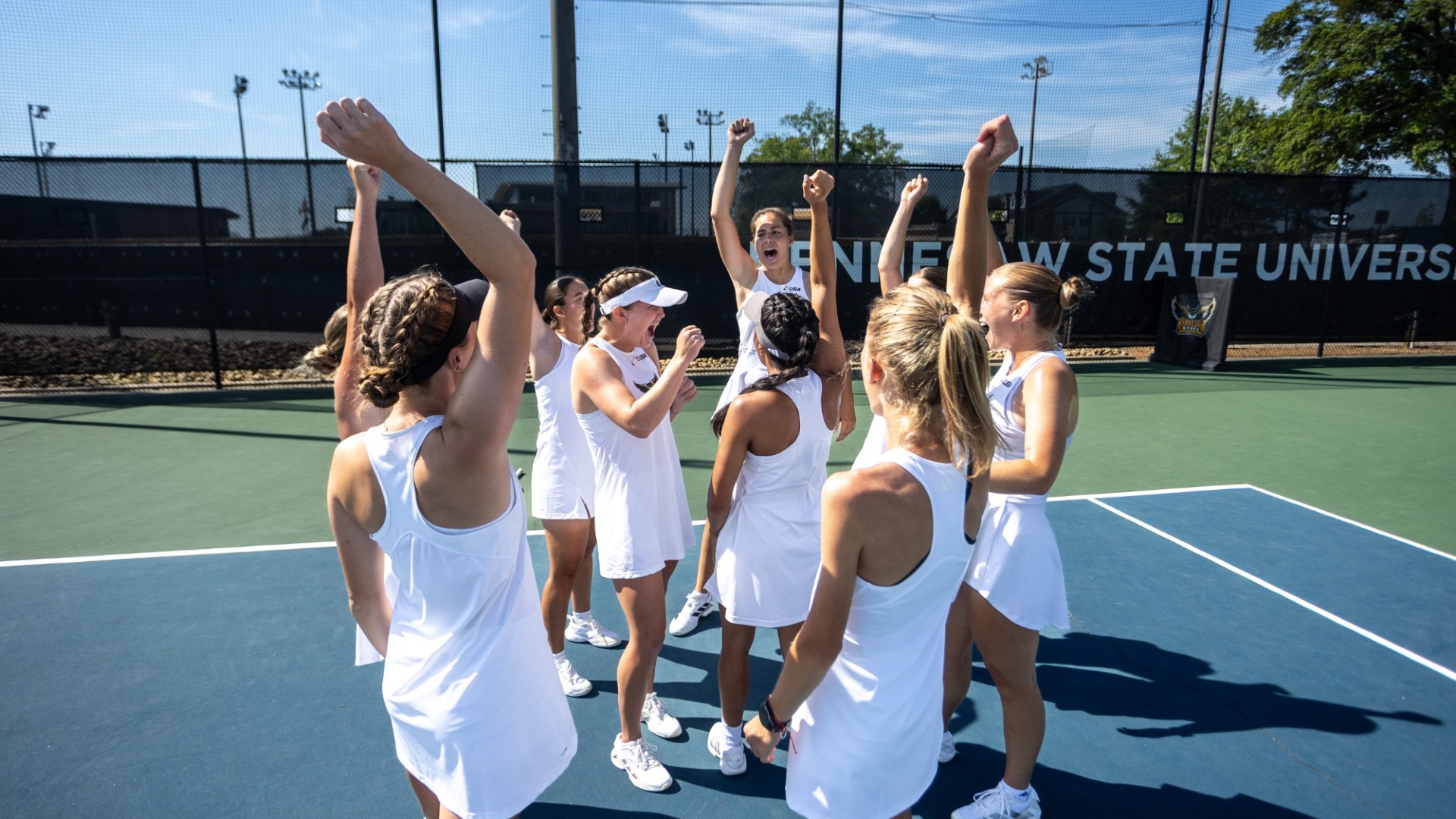 Kennesaw State women's tennis huddles prior to a match versus Louisiana Tech.