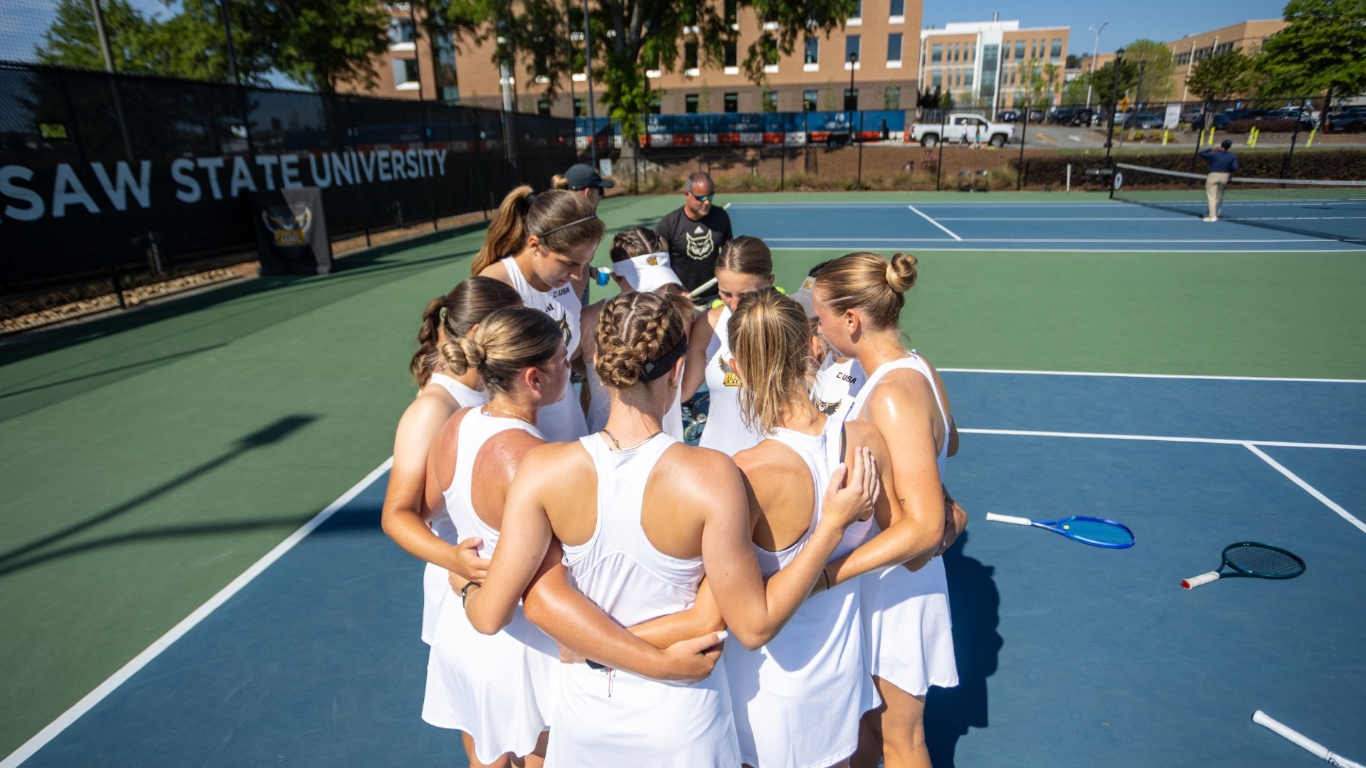 Kennesaw State women's tennis huddles prior to its match versus Louisiana Tech on April 12, 2026.