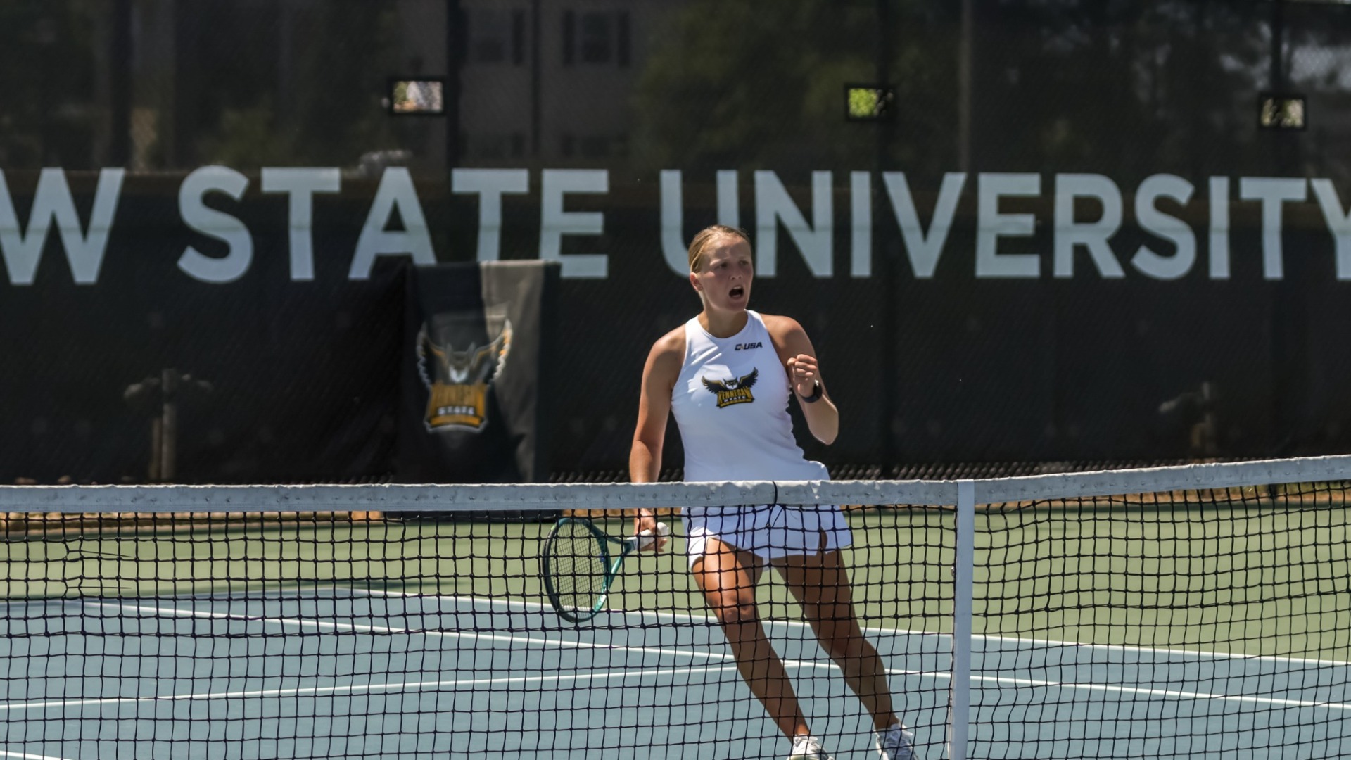 Kennesaw State women's tennis player Ema Baraniakova celebrates versus Louisiana Tech.