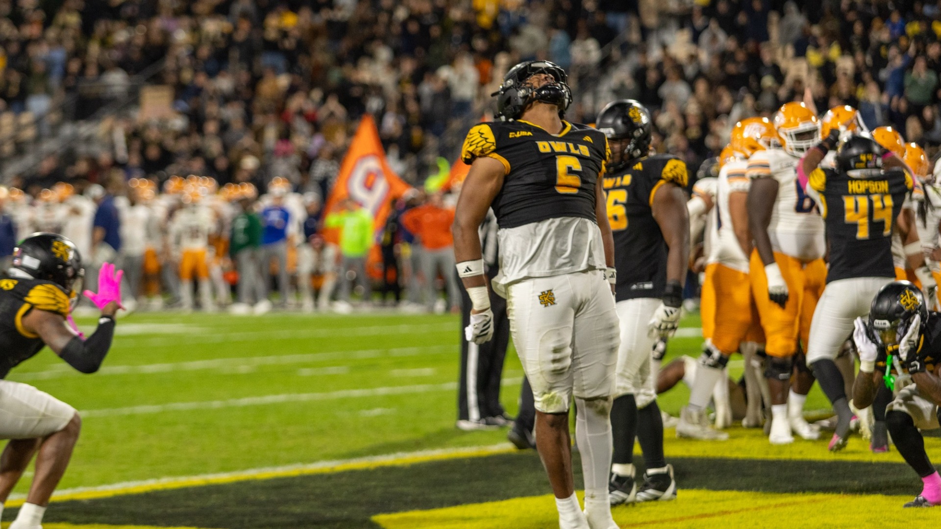 Kennesaw State defensive lineman Marcus Patterson celebrates a stop.
