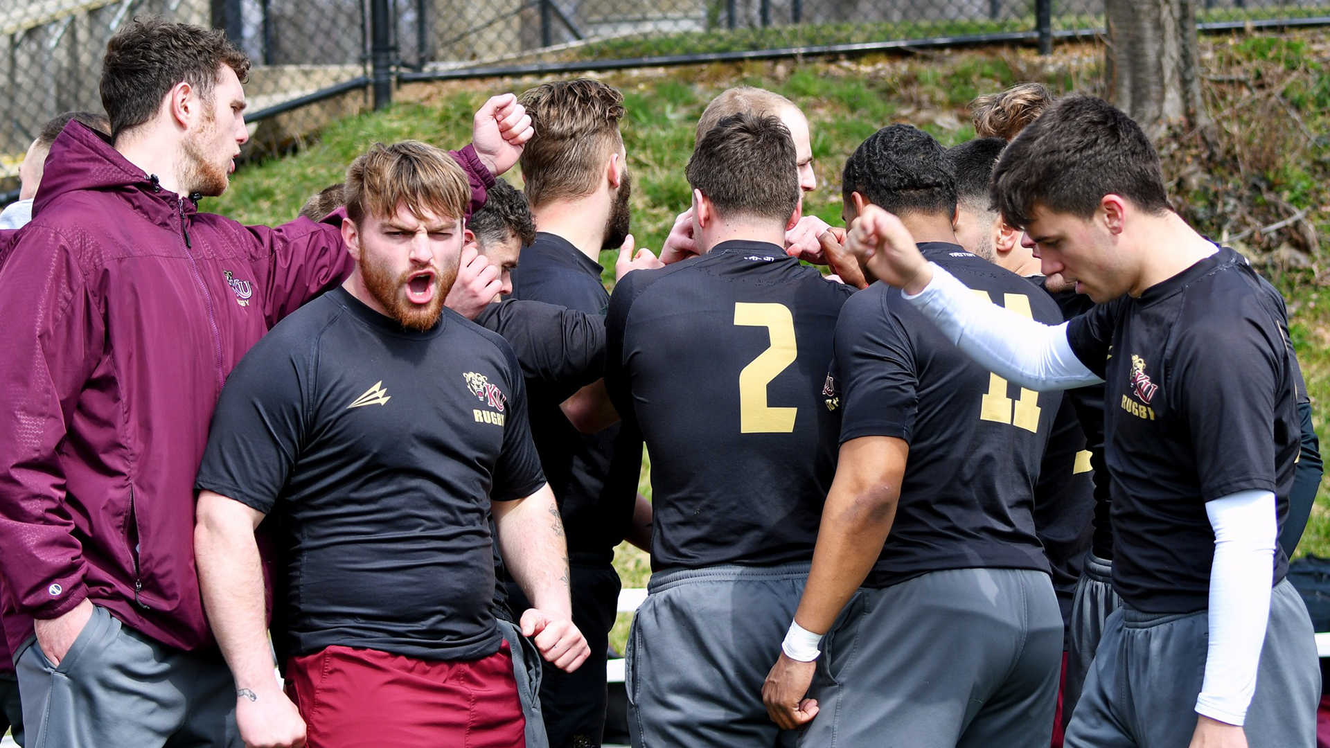Kutztown men's rugby huddles prior to a match at the Maryland Terrapins 7s Tournament March 11, 2023.