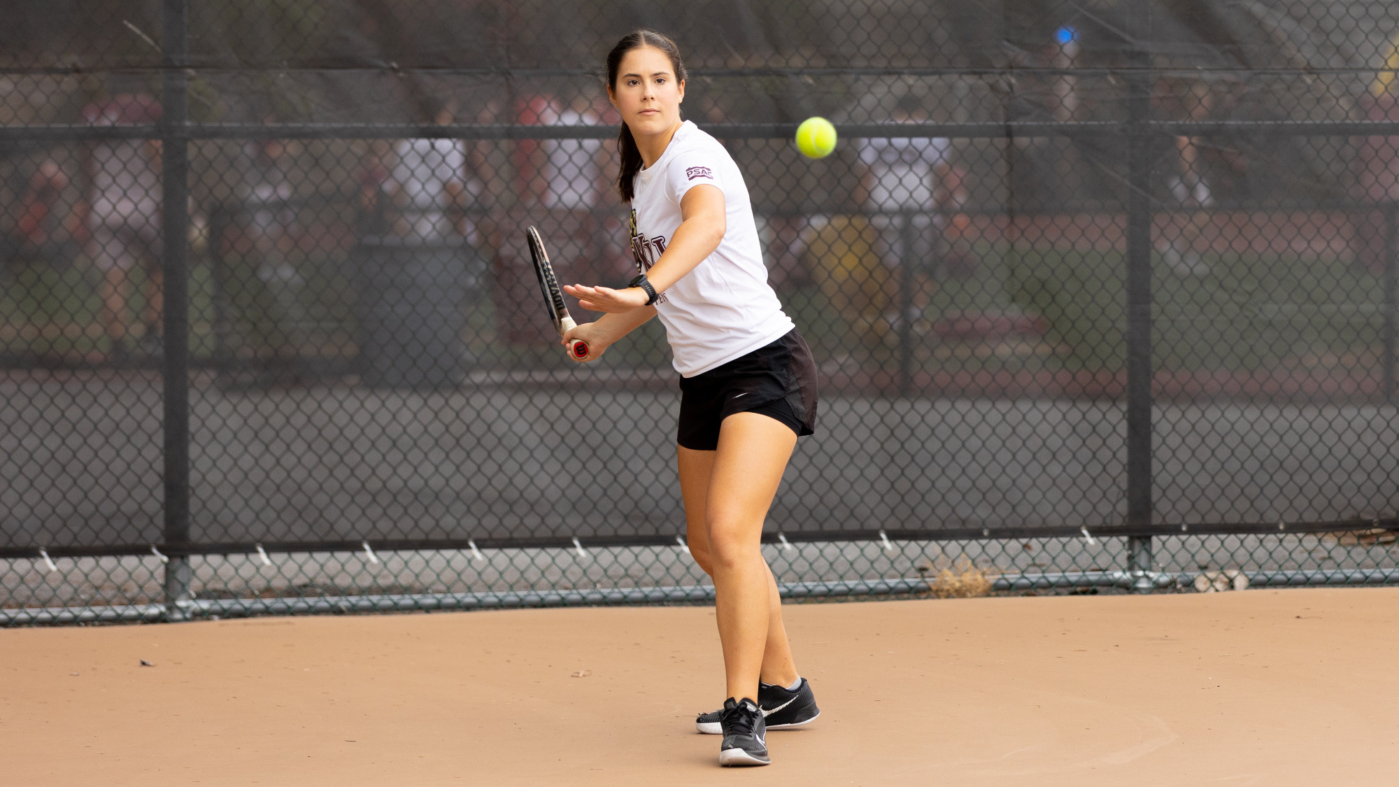 Isabella de Nadai of the Kutztown University women's tennis team hits a forehand shot during a practice session at the Keystone Courts on Oct. 1, 2024.