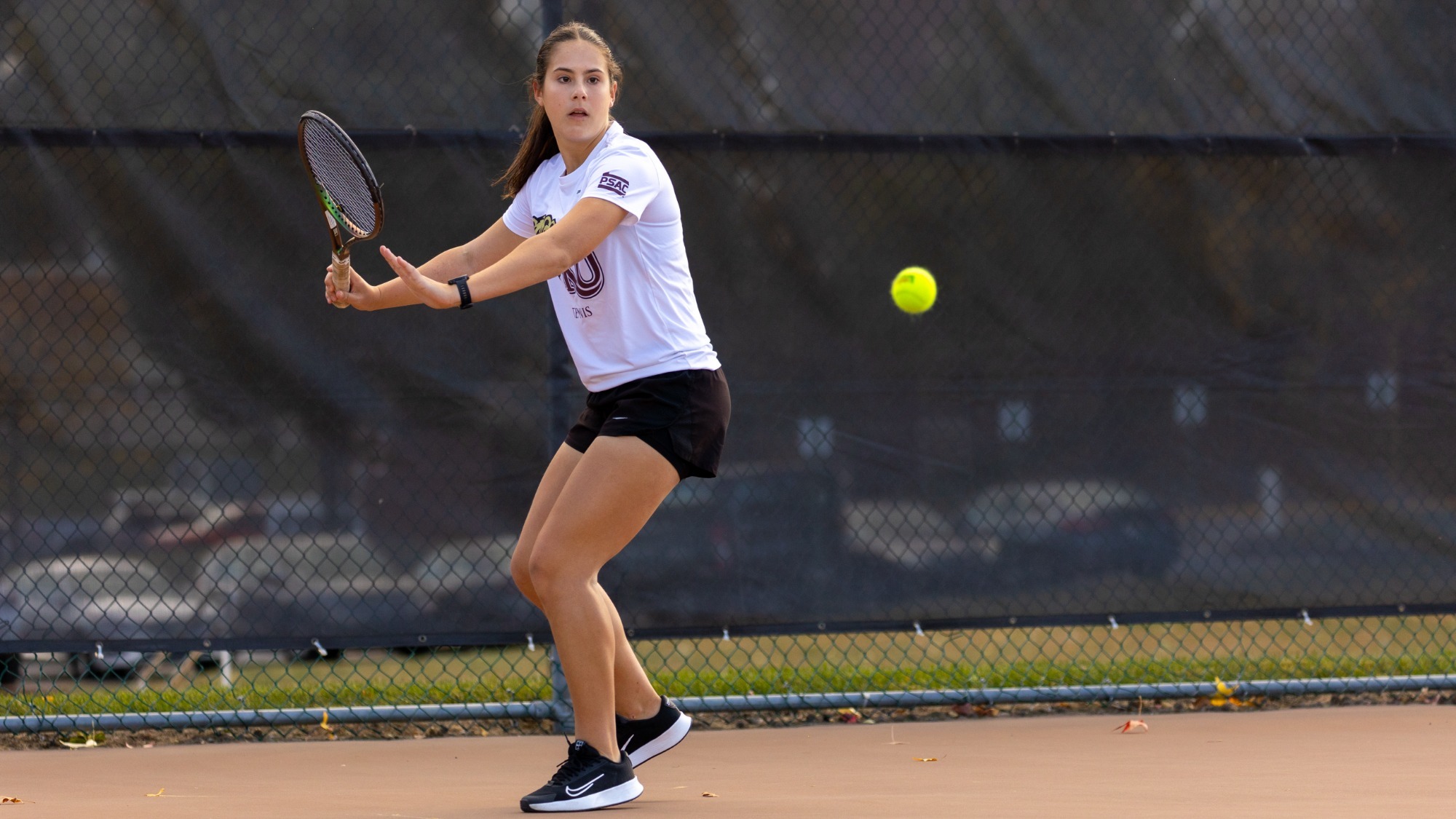 Kutztown University's Isabela de Nadai gets ready to return a shot in a women's tennis match against Daemen on Monday, Oct. 14, 2024.