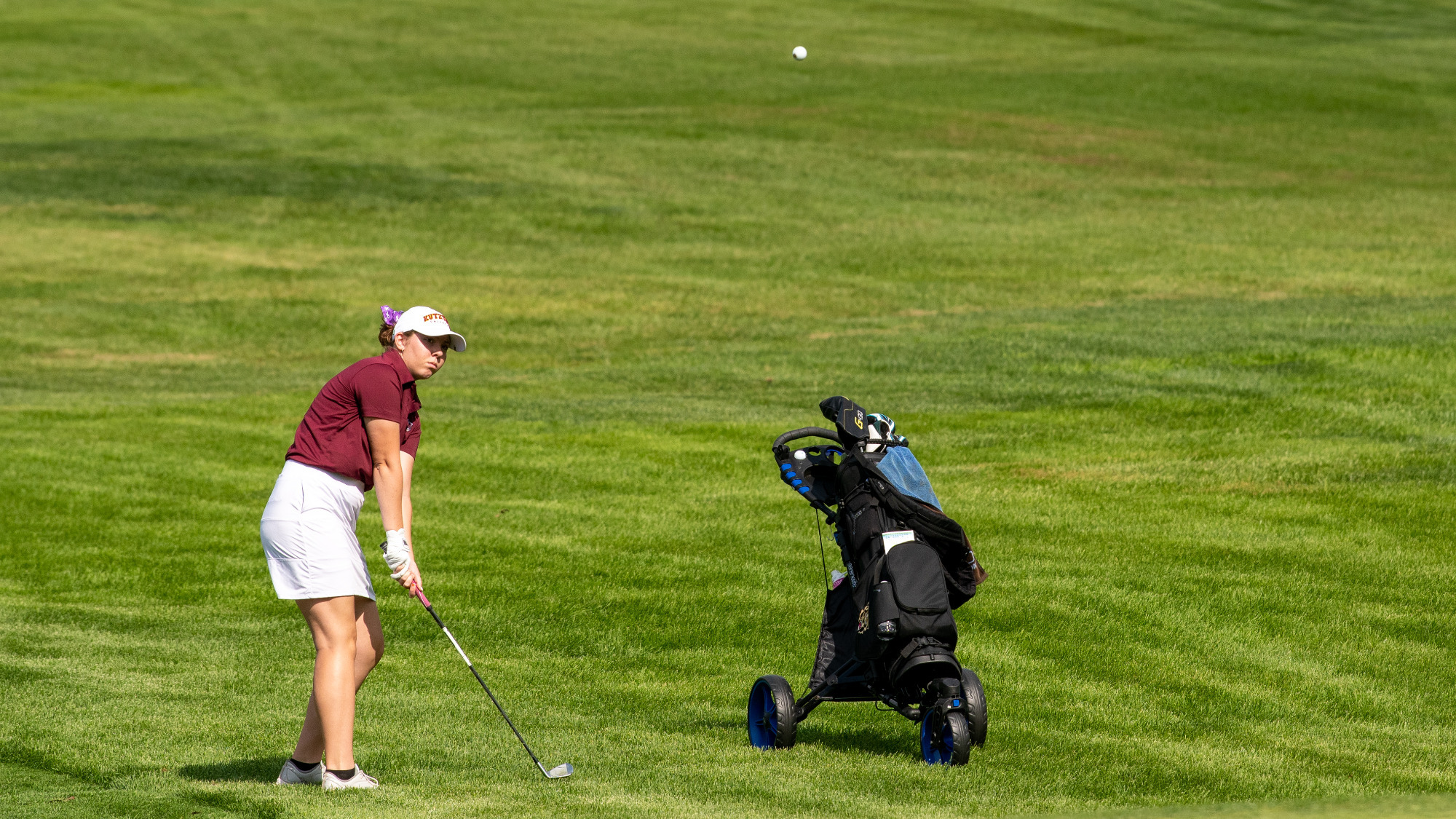 Alexis Peet of the Kutztown University women's golf team chips from the fairway during the Kutztown Fall Invitational at Moselem Springs Golf Club, Monday, Oct. 7, 2024.