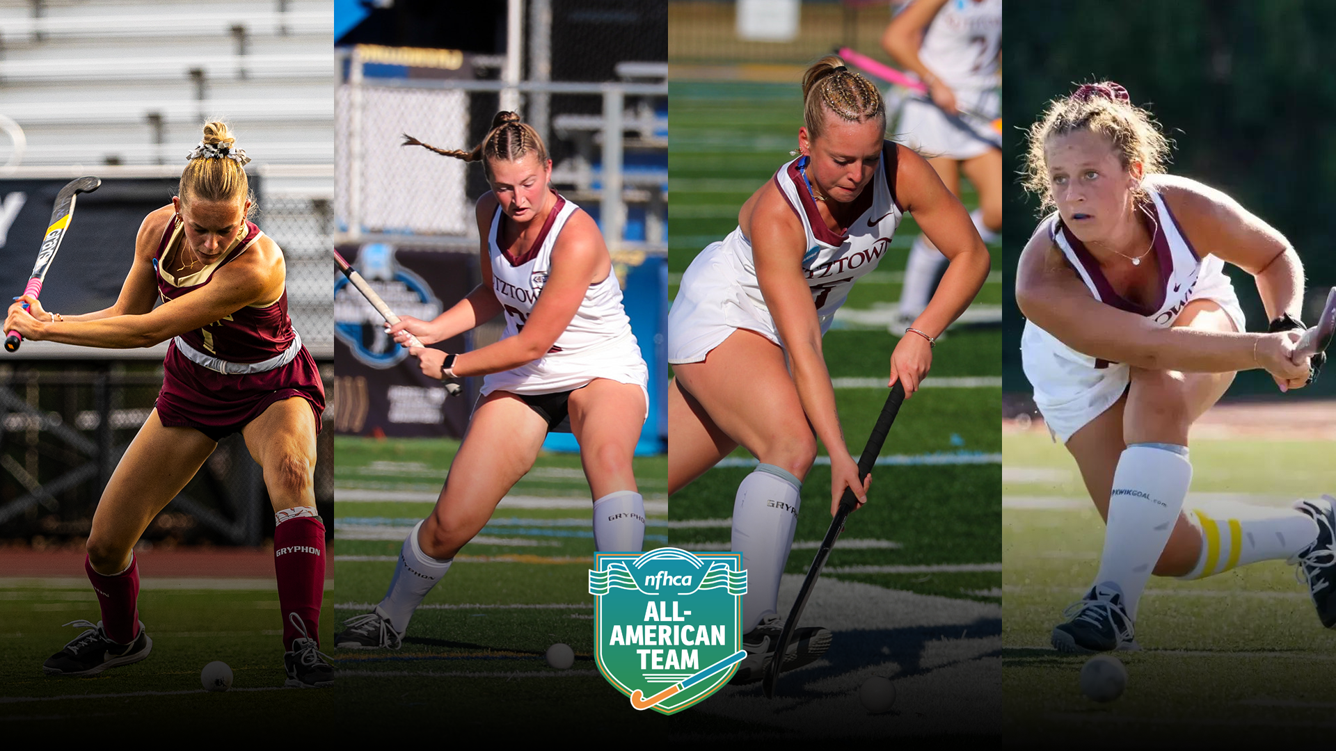 Graphic recognizing Kutztown University's four 2024 NFCHA All-America Selections: Juliana Donato (First Team), Sarah Gatehouse (First Team), Erin Gonzalez (Second Team) and Danielle Panati (Second Team).