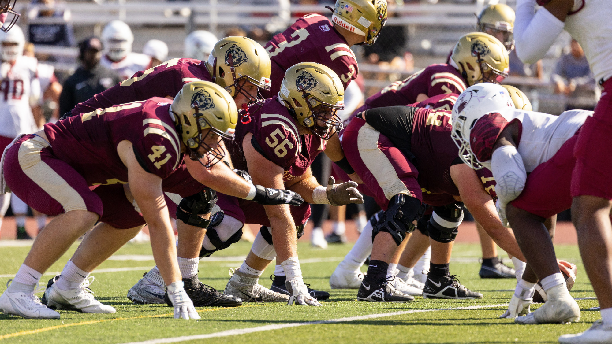 Adam Kase (56) and the Kutztown offensive line get ready for a snap in the Golden Bears' PSAC East victory over Lock Haven Oct. 12, 2024.