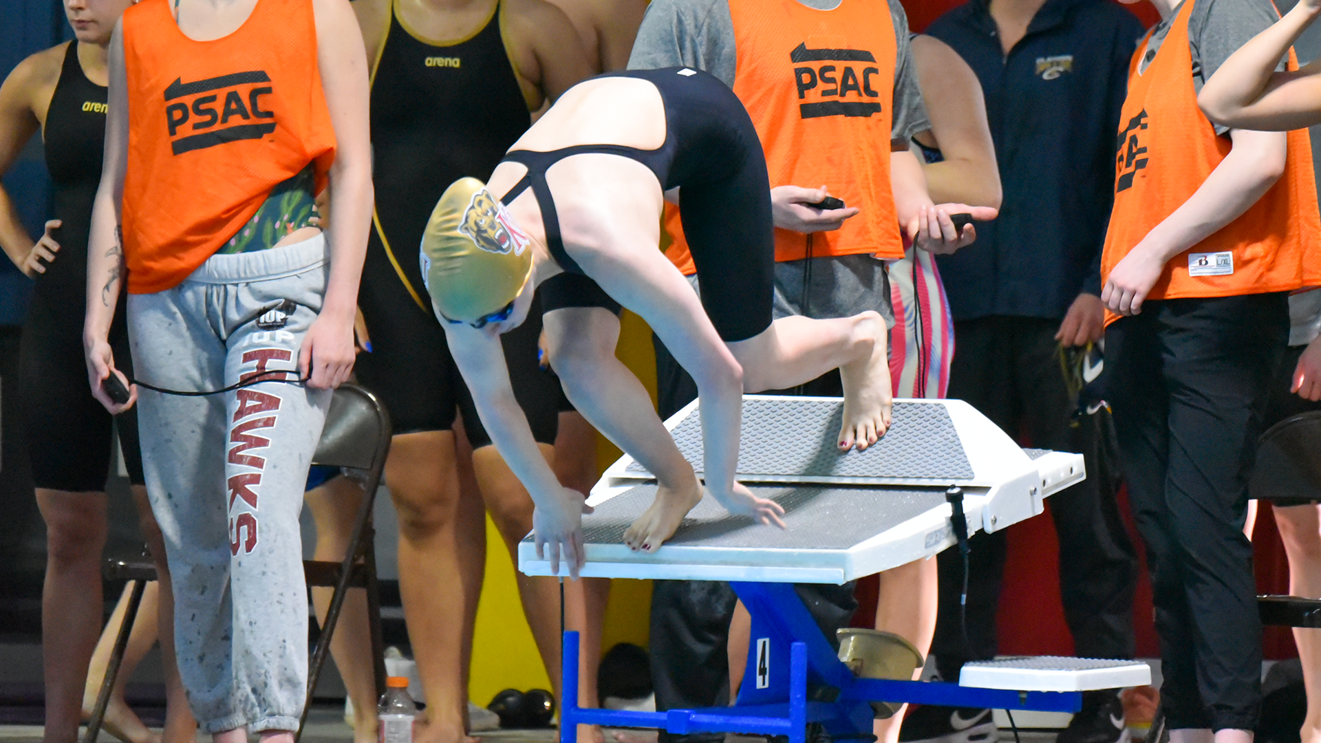 Kutztown's Ana Soto gets ready to leave the starting block for her 50-yard freestyle preliminary heat at the PSAC Championships, Feb. 14, 2024.