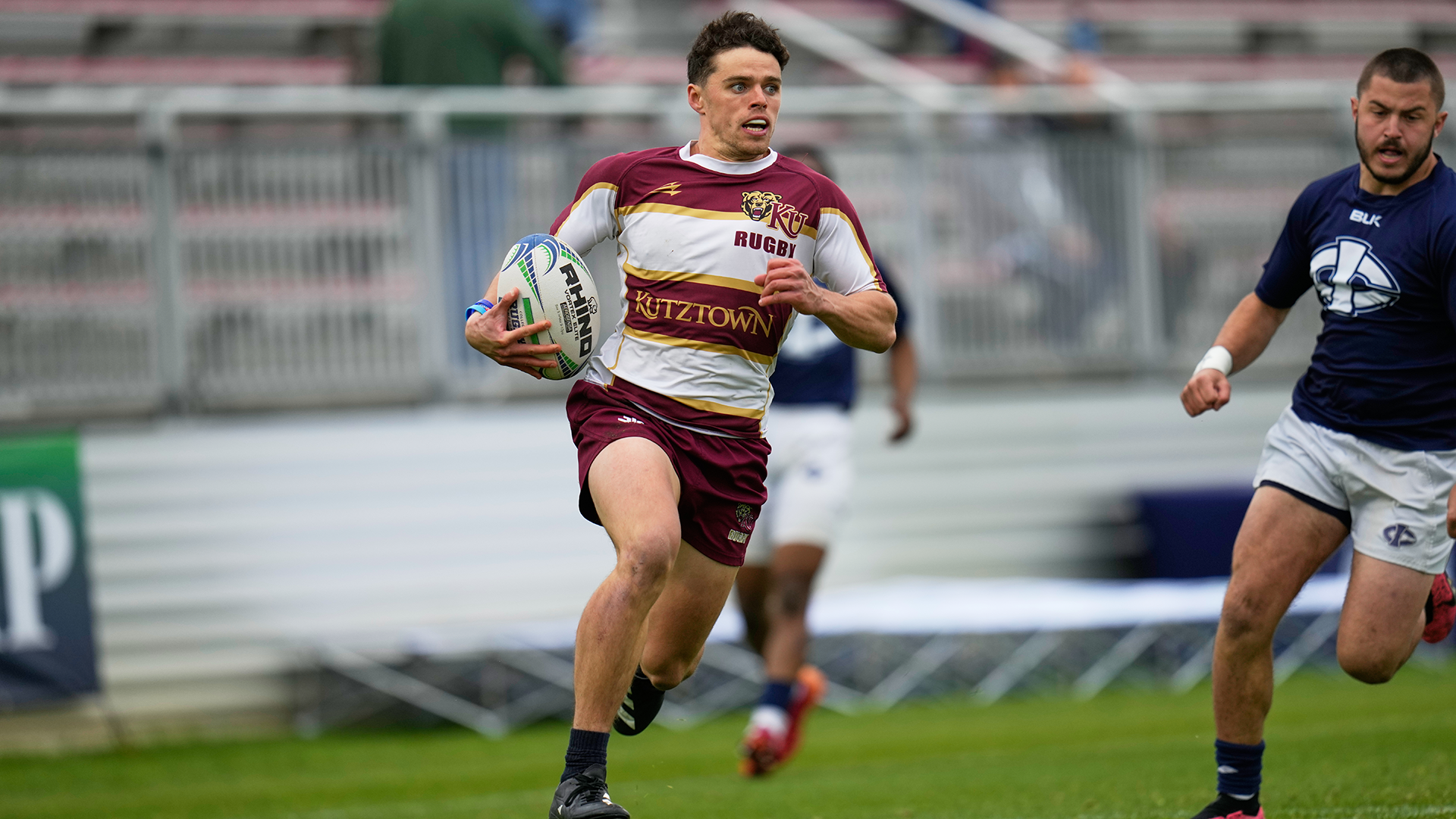 Benedict Quinn of the Kutztown University men's rugby team goes in for a try in the CRC National 7s Premier Cup semifinals against Iowa Central Community College, Saturday, April 27, 2024.