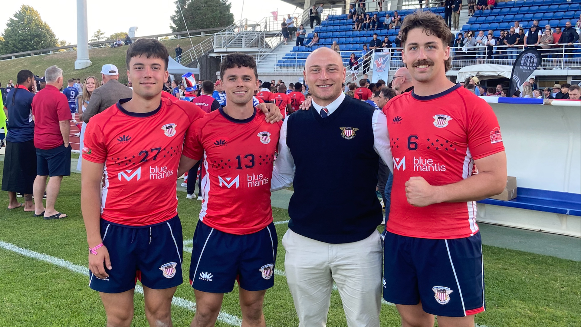 Aidan Smith, Benedict Quinn, Mate Kvirikashvili and Kevin Swanton of the Kutztown University men's rugby competed for the NCR All-Americans team at the 2024 France-USA Rugby Centennial.