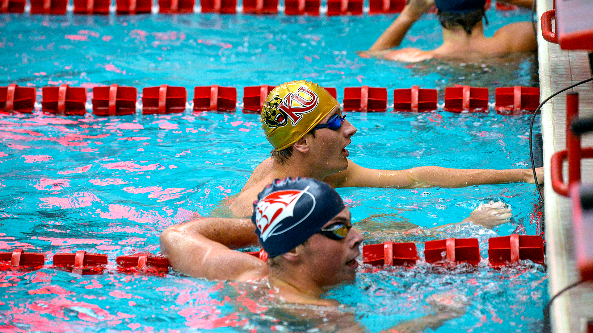 Kutztown's Matheson Bair celebrates following his victory in the 100-yard freestyle during a PSAC dual meet at Shippensburg, Wednesday, Sept. 25, 2024.