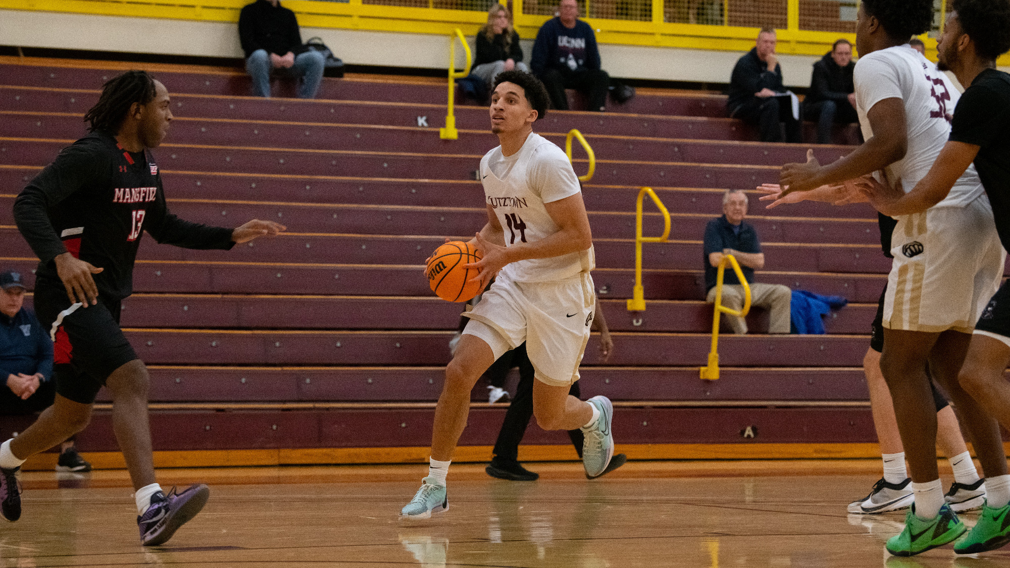 Kutztown's Josh McKoy takes the ball to the hoop during a PSAC East men's basketball game against Mansfield on Monday, Jan. 13, 2025.