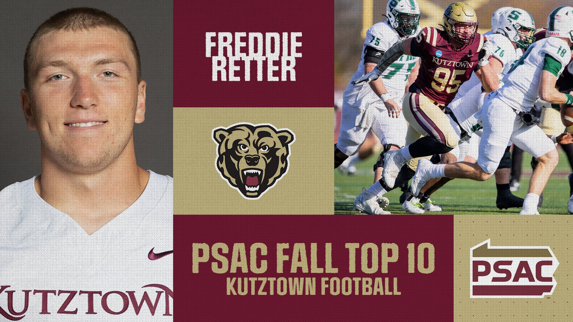 Graphic recognizing Kutztown University football student-athlete Freddie Retter as a member of the Pennsylvania State Athletic Conference Fall Top 10.