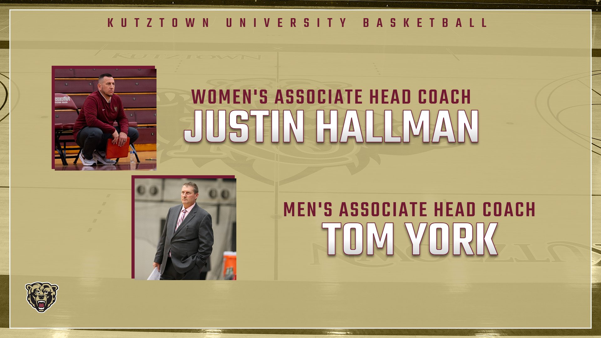 Graphic recognizing Justin Hallman (women's basketball) and Tom York (men's basketball) being promoted to associate head coach of their respective programs.